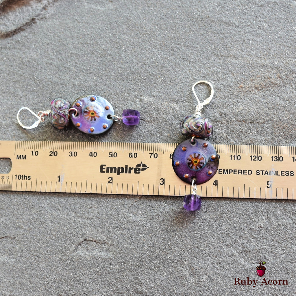 Twilight Handmade Dangle Earrings, Artisan Lampwork Purple Glass, Artisan Enameled Charms, Amethyst, Sterling Silver Ear Wires