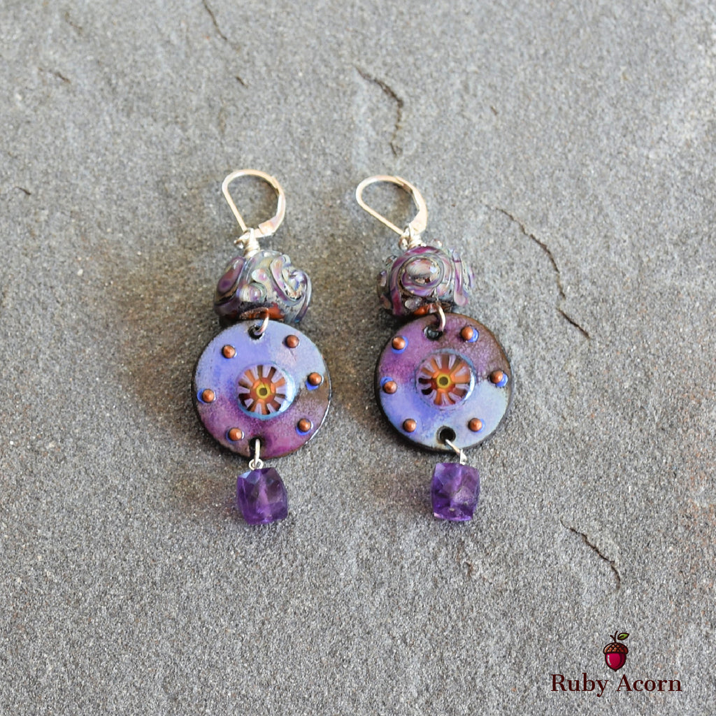 Twilight Handmade Dangle Earrings, Artisan Lampwork Purple Glass, Artisan Enameled Charms, Amethyst, Sterling Silver Ear Wires