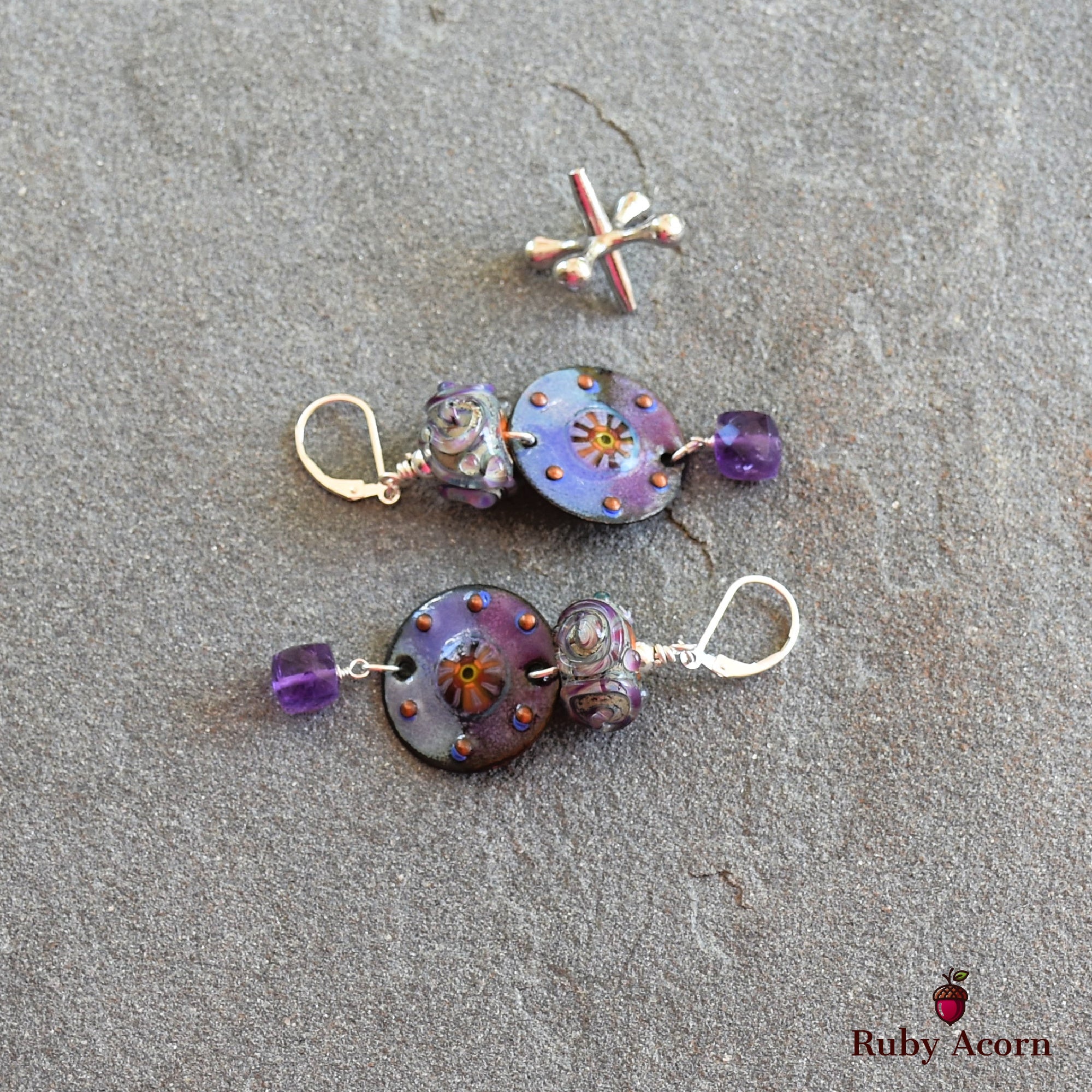 Twilight Handmade Dangle Earrings, Artisan Lampwork Purple Glass, Artisan Enameled Charms, Amethyst, Sterling Silver Ear Wires