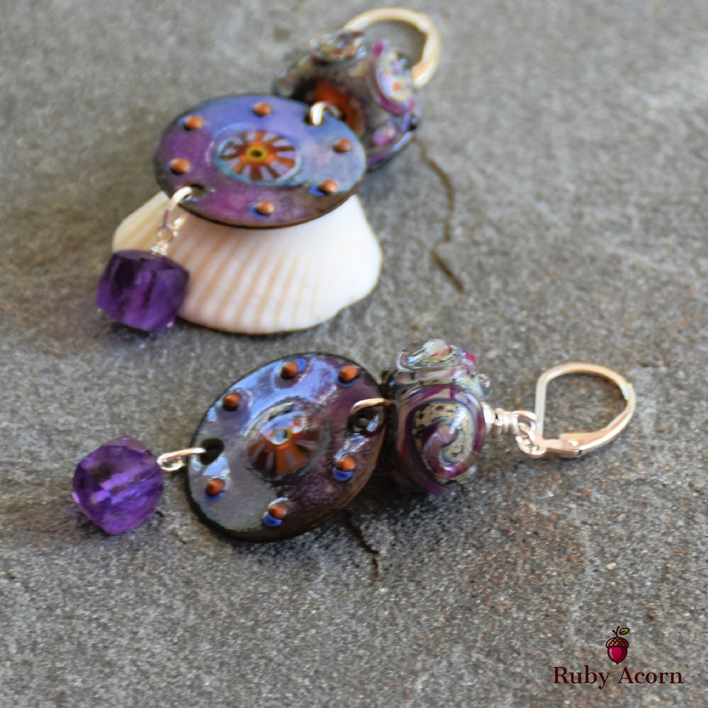 Twilight Handmade Dangle Earrings, Artisan Lampwork Purple Glass, Artisan Enameled Charms, Amethyst, Sterling Silver Ear Wires