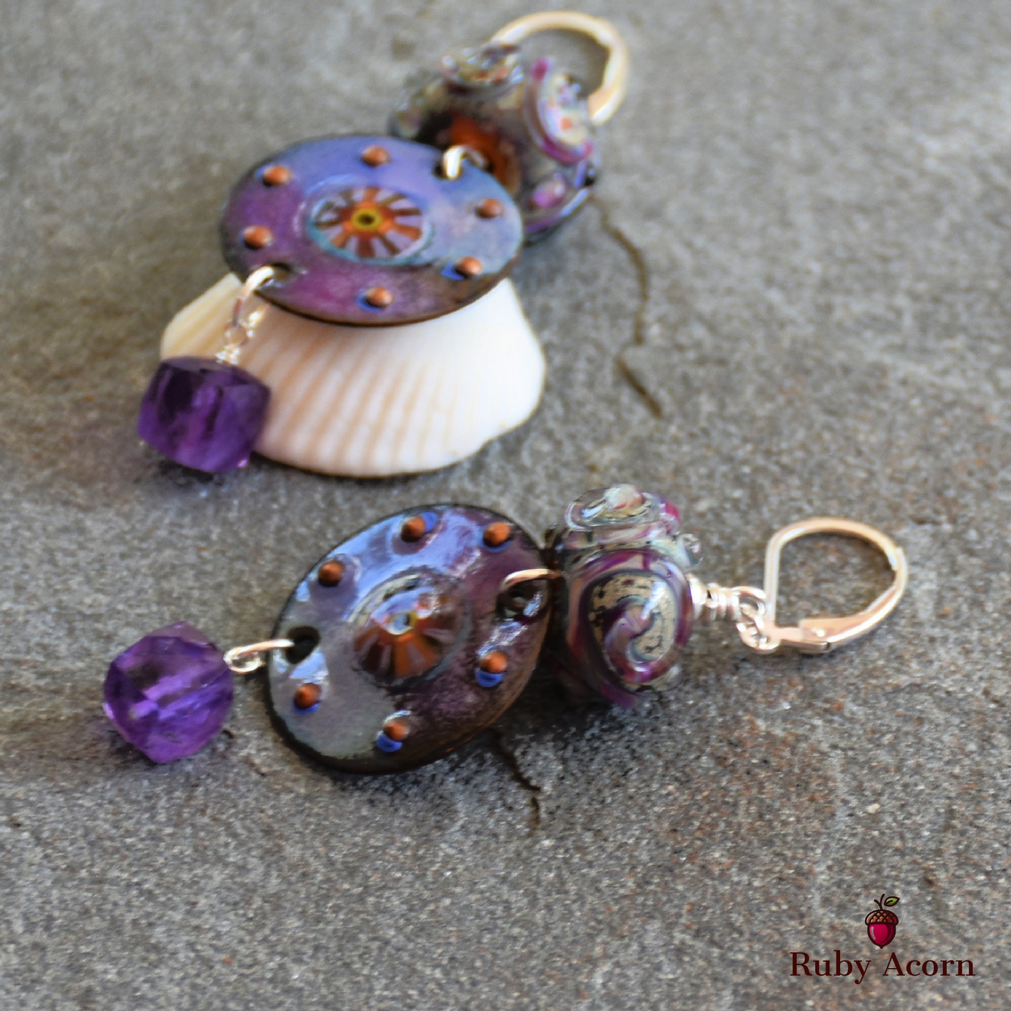 Twilight Handmade Dangle Earrings, Artisan Lampwork Purple Glass, Artisan Enameled Charms, Amethyst, Sterling Silver Ear Wires
