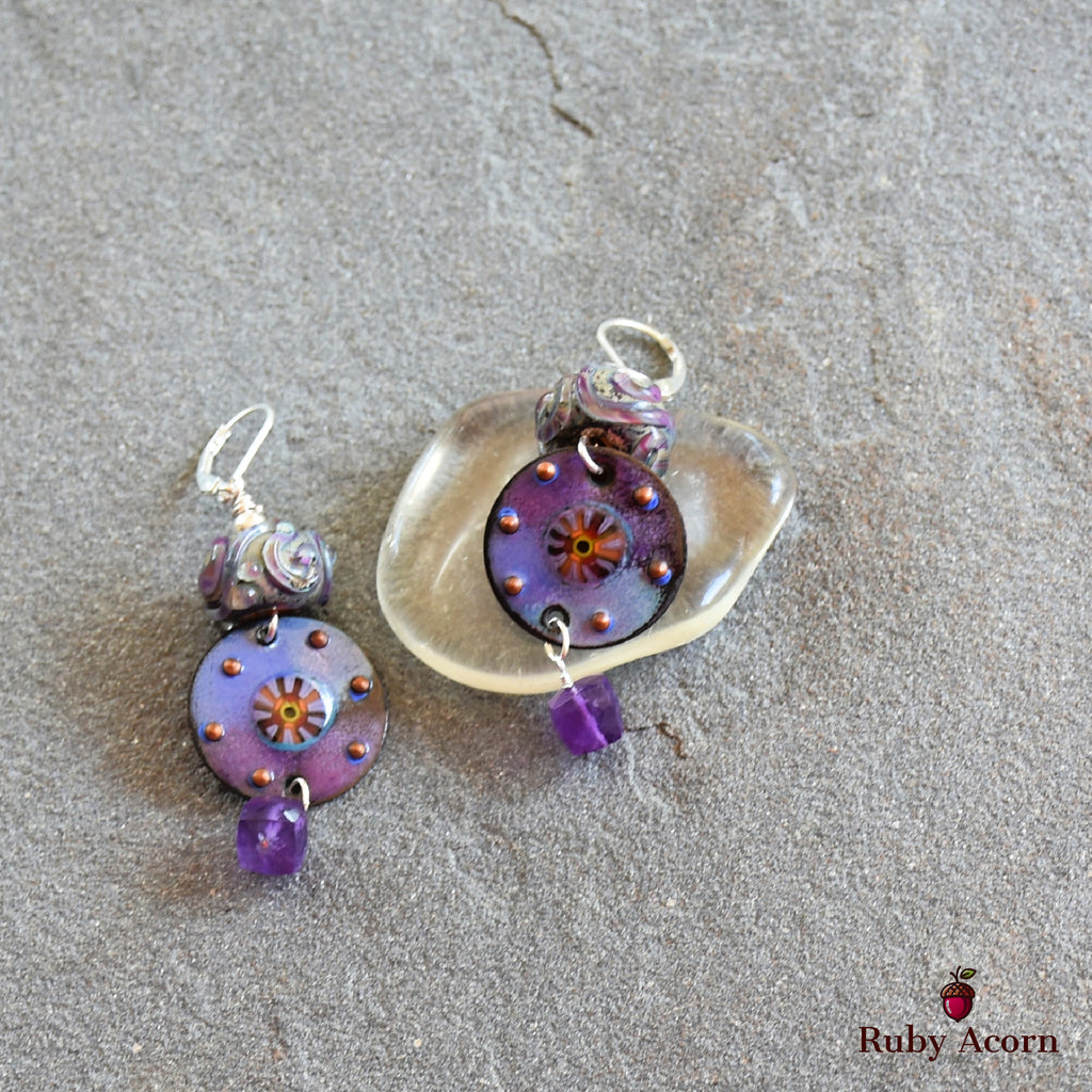 Twilight Handmade Dangle Earrings, Artisan Lampwork Purple Glass, Artisan Enameled Charms, Amethyst, Sterling Silver Ear Wires