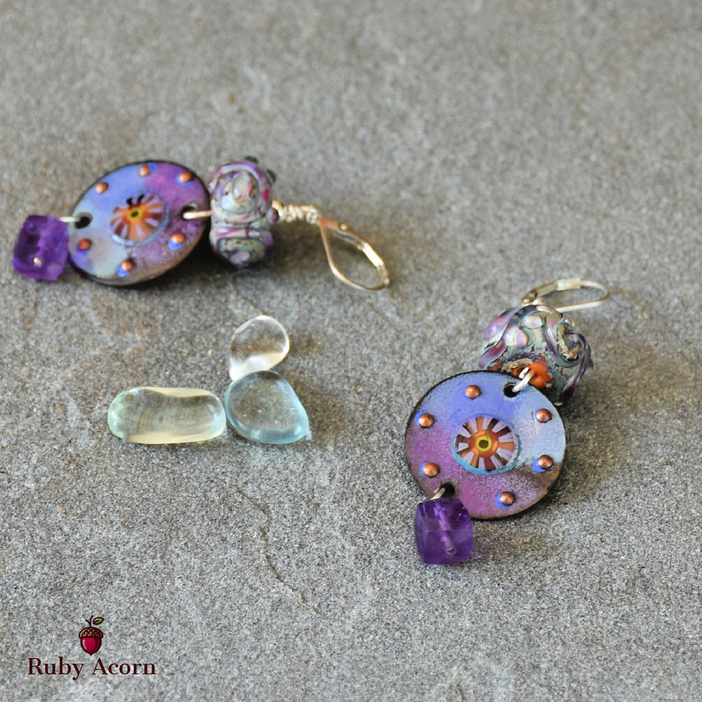 Twilight Handmade Dangle Earrings, Artisan Lampwork Purple Glass, Artisan Enameled Charms, Amethyst, Sterling Silver Ear Wires