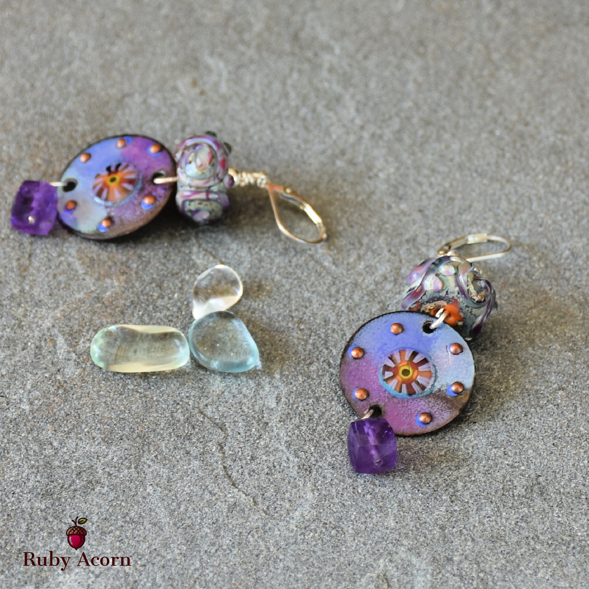 Twilight Handmade Dangle Earrings, Artisan Lampwork Purple Glass, Artisan Enameled Charms, Amethyst, Sterling Silver Ear Wires