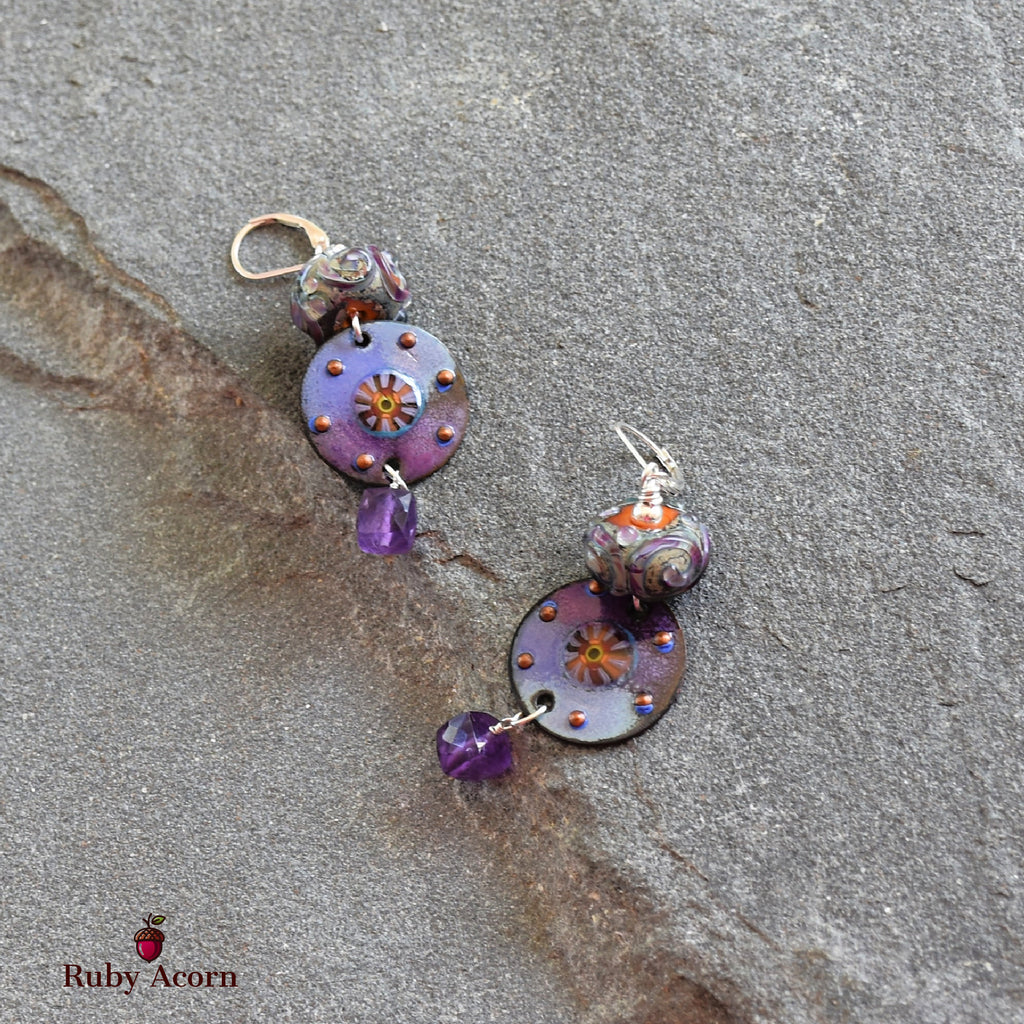 Twilight Handmade Dangle Earrings, Artisan Lampwork Purple Glass, Artisan Enameled Charms, Amethyst, Sterling Silver Ear Wires