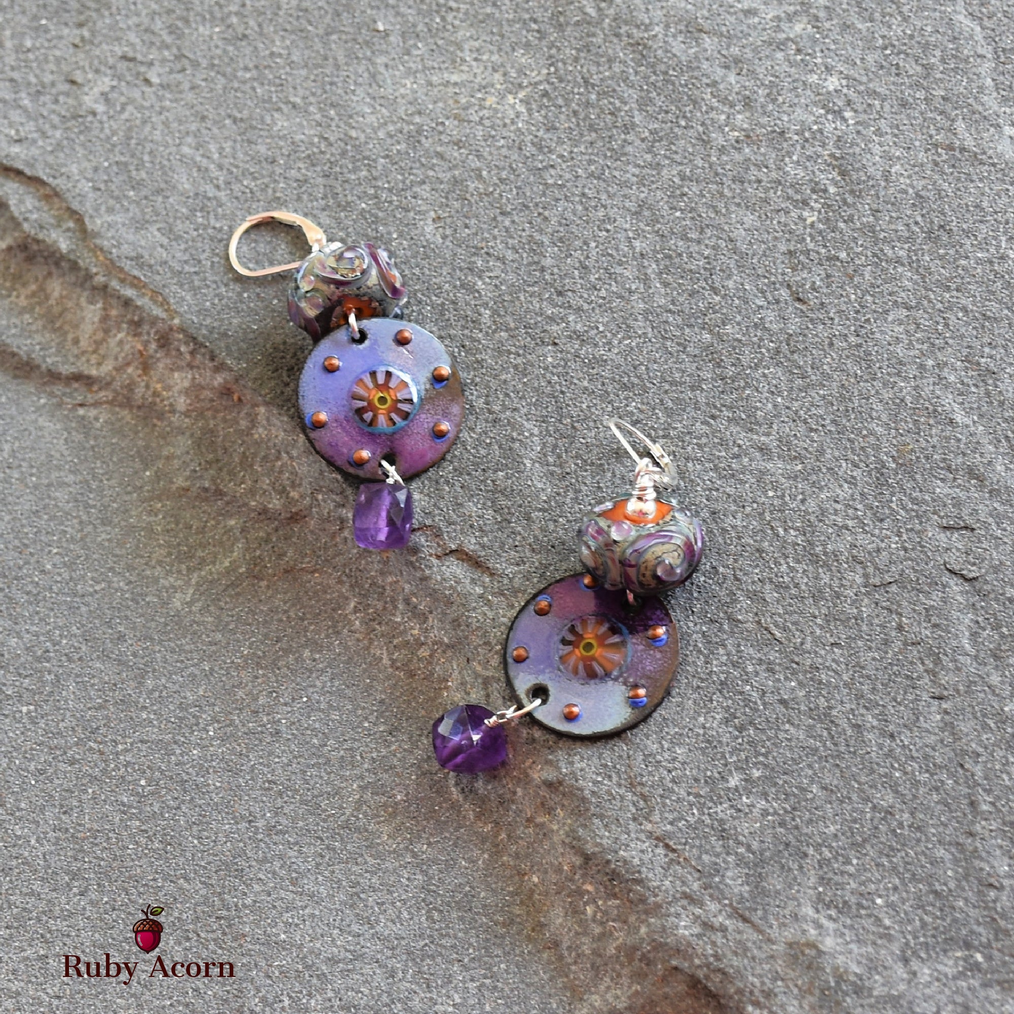 Twilight Handmade Dangle Earrings, Artisan Lampwork Purple Glass, Artisan Enameled Charms, Amethyst, Sterling Silver Ear Wires