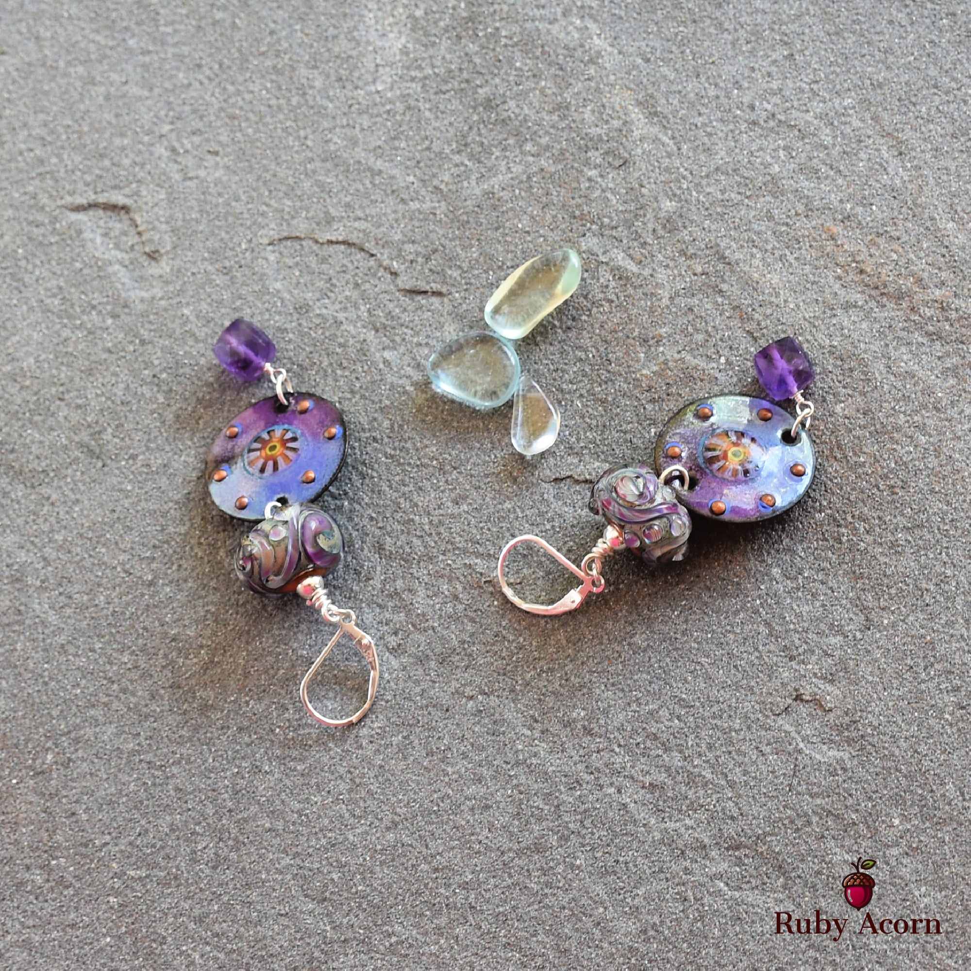 Twilight Handmade Dangle Earrings, Artisan Lampwork Purple Glass, Artisan Enameled Charms, Amethyst, Sterling Silver Ear Wires