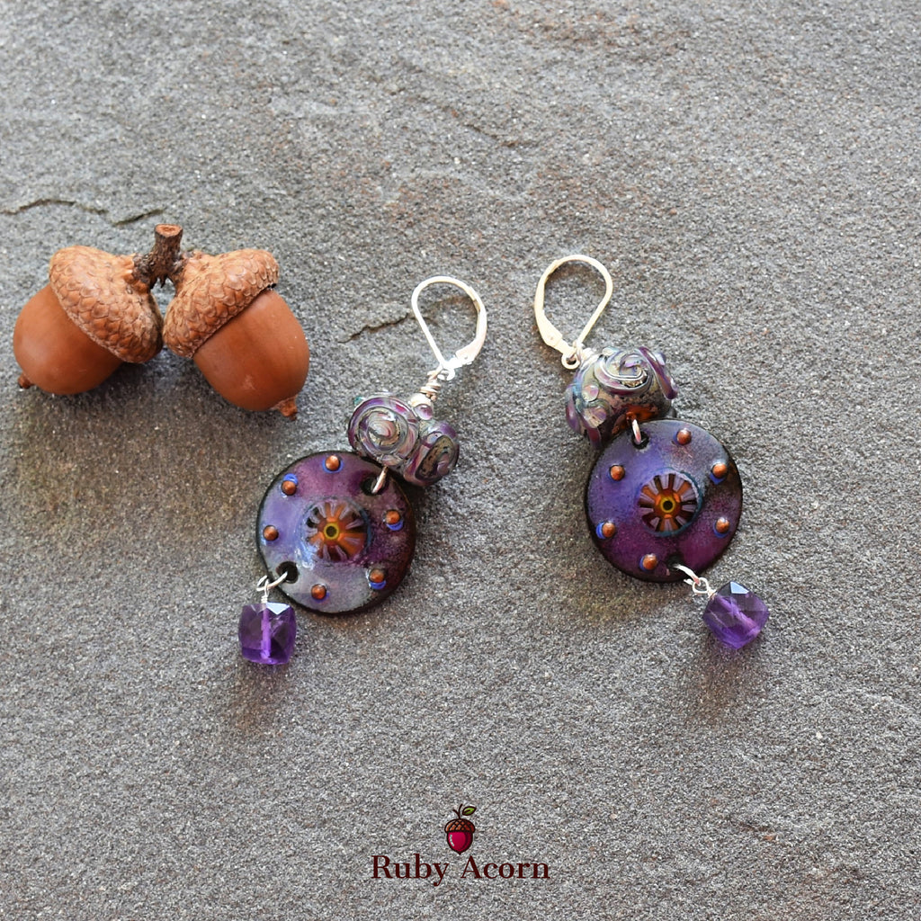 Twilight Handmade Dangle Earrings, Artisan Lampwork Purple Glass, Artisan Enameled Charms, Amethyst, Sterling Silver Ear Wires