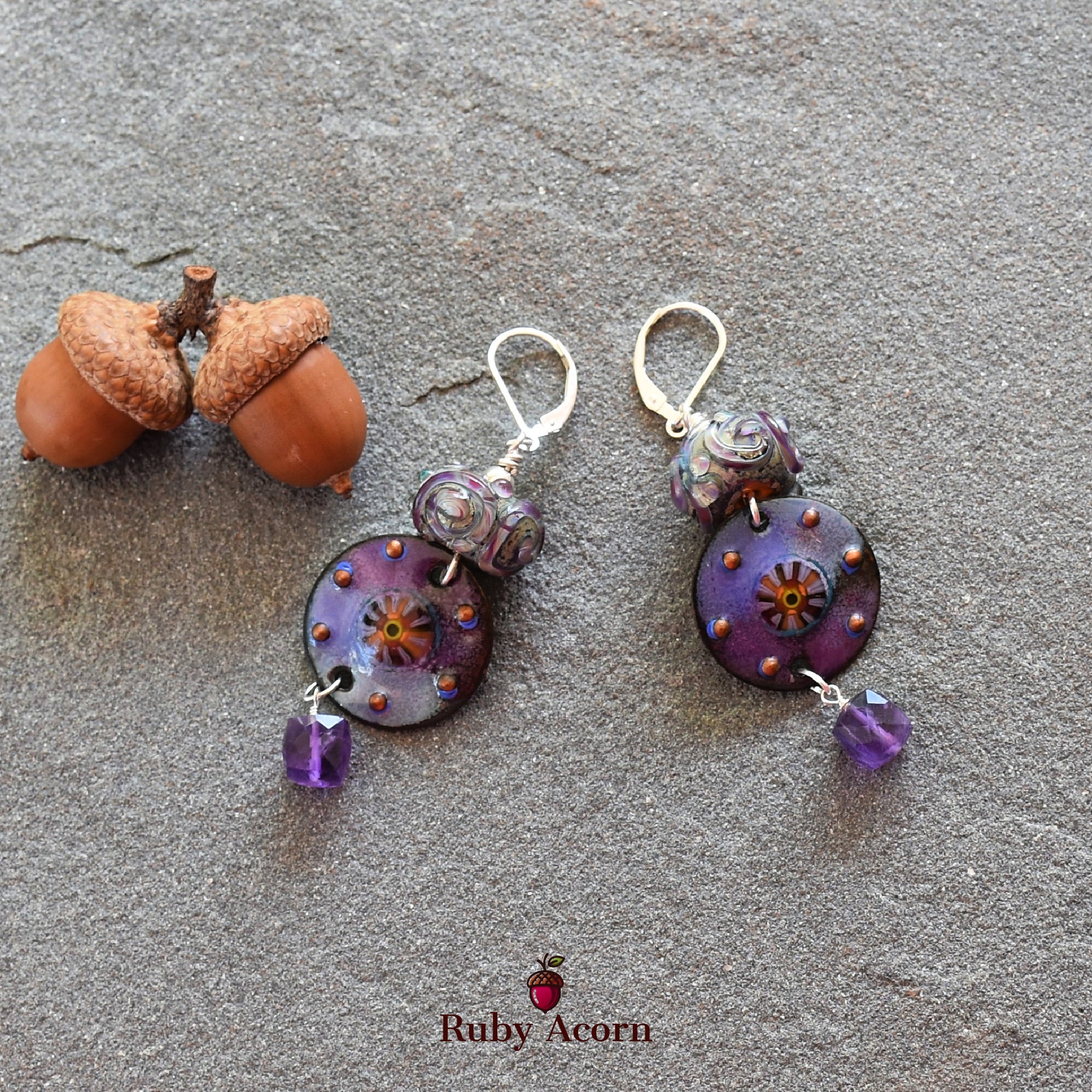 Twilight Handmade Dangle Earrings, Artisan Lampwork Purple Glass, Artisan Enameled Charms, Amethyst, Sterling Silver Ear Wires