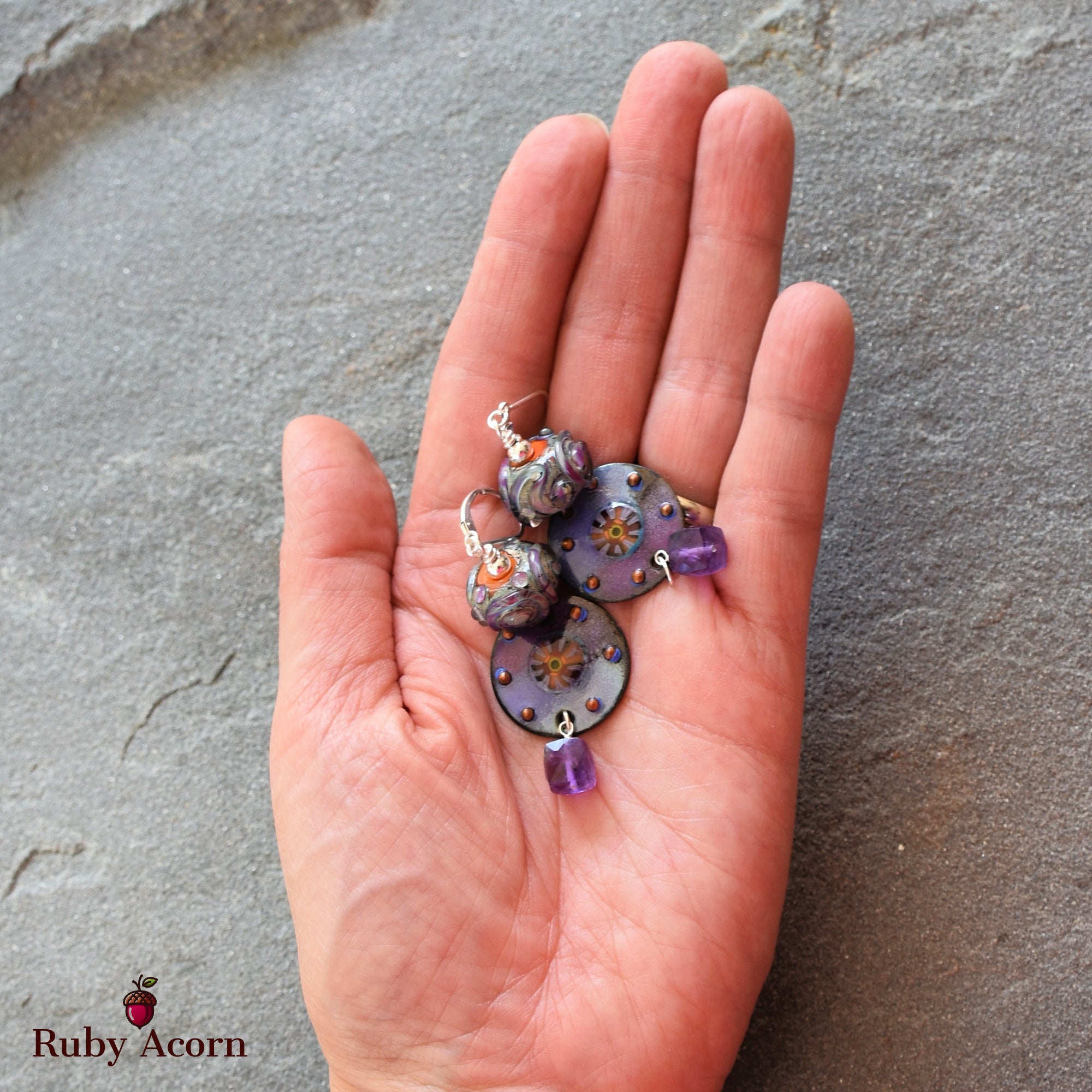Twilight Handmade Dangle Earrings, Artisan Lampwork Purple Glass, Artisan Enameled Charms, Amethyst, Sterling Silver Ear Wires