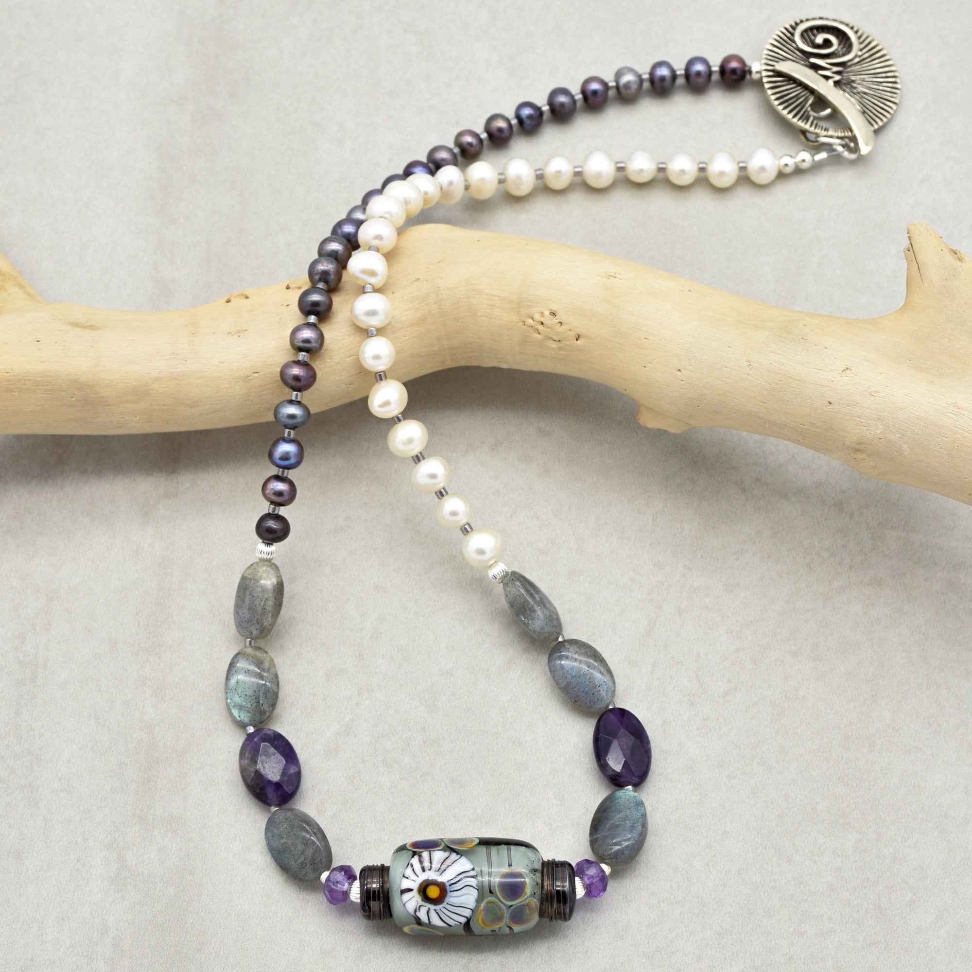 Twilight Necklace - Handmade Artisan Lampwork Glass Amethyst Labradorite Sterling Silver