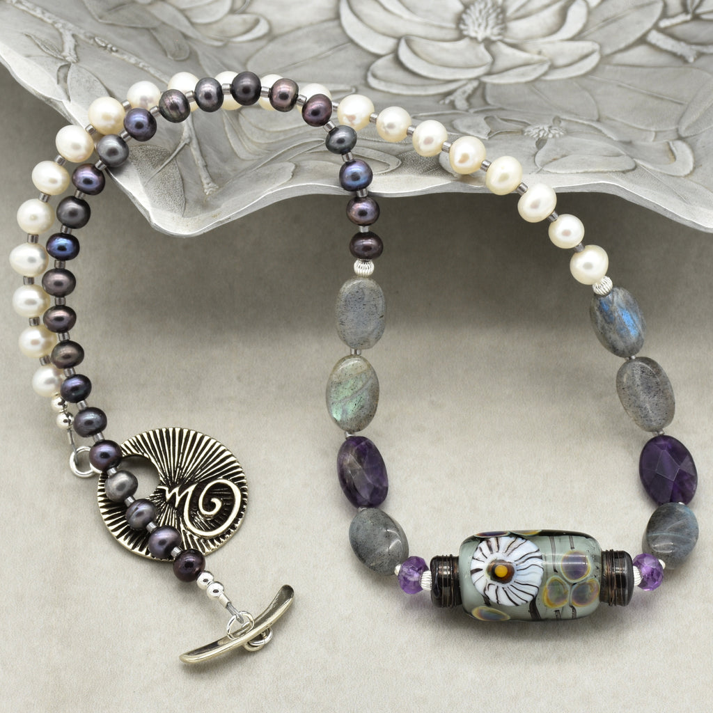 Twilight Necklace - Handmade Artisan Lampwork Glass Amethyst Labradorite Sterling Silver