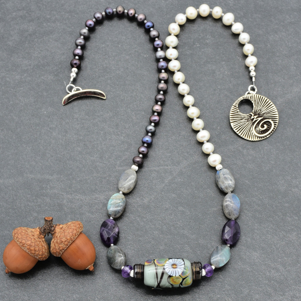 Twilight Necklace - Handmade Artisan Lampwork Glass Amethyst Labradorite Sterling Silver