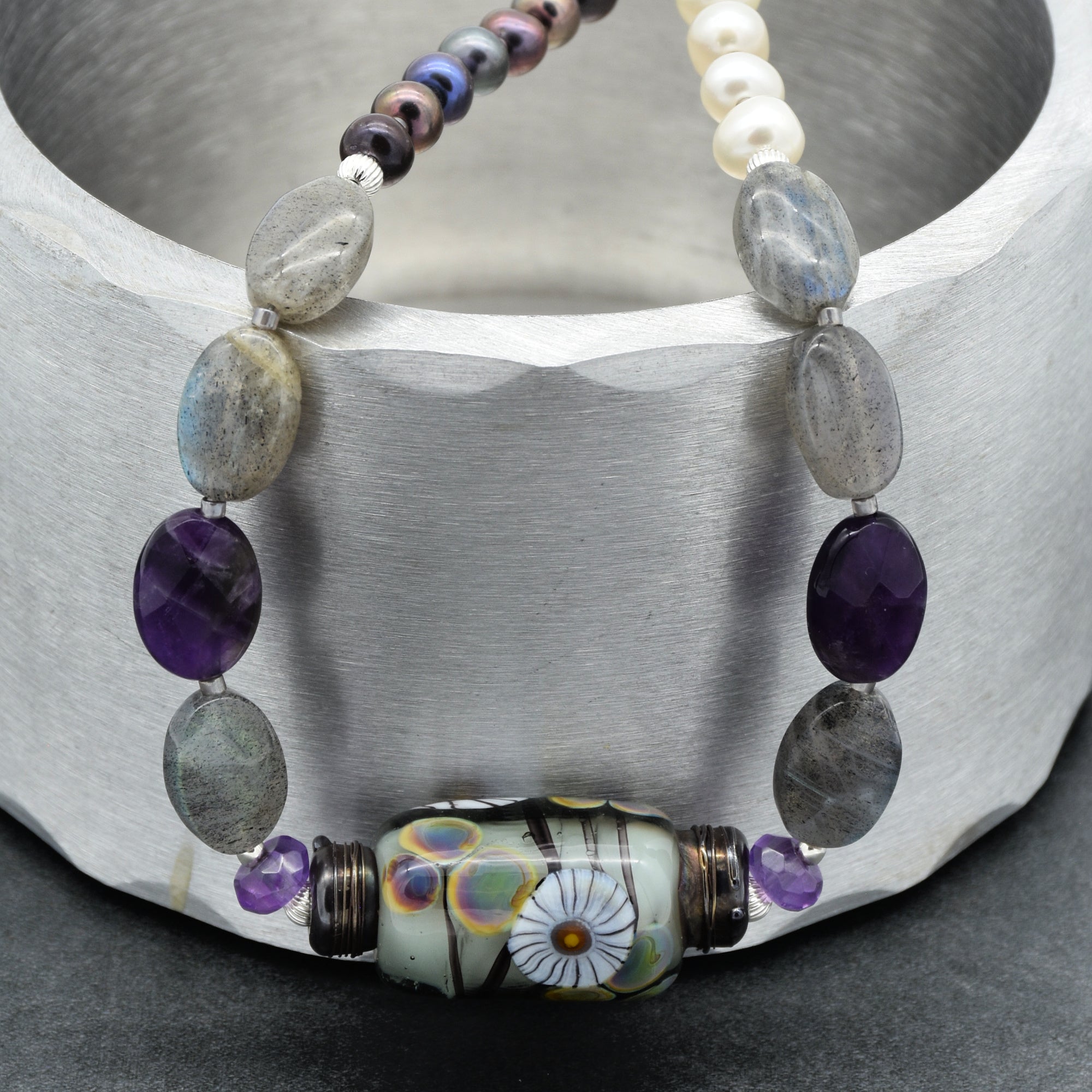 Twilight Necklace - Handmade Artisan Lampwork Glass Amethyst Labradorite Sterling Silver