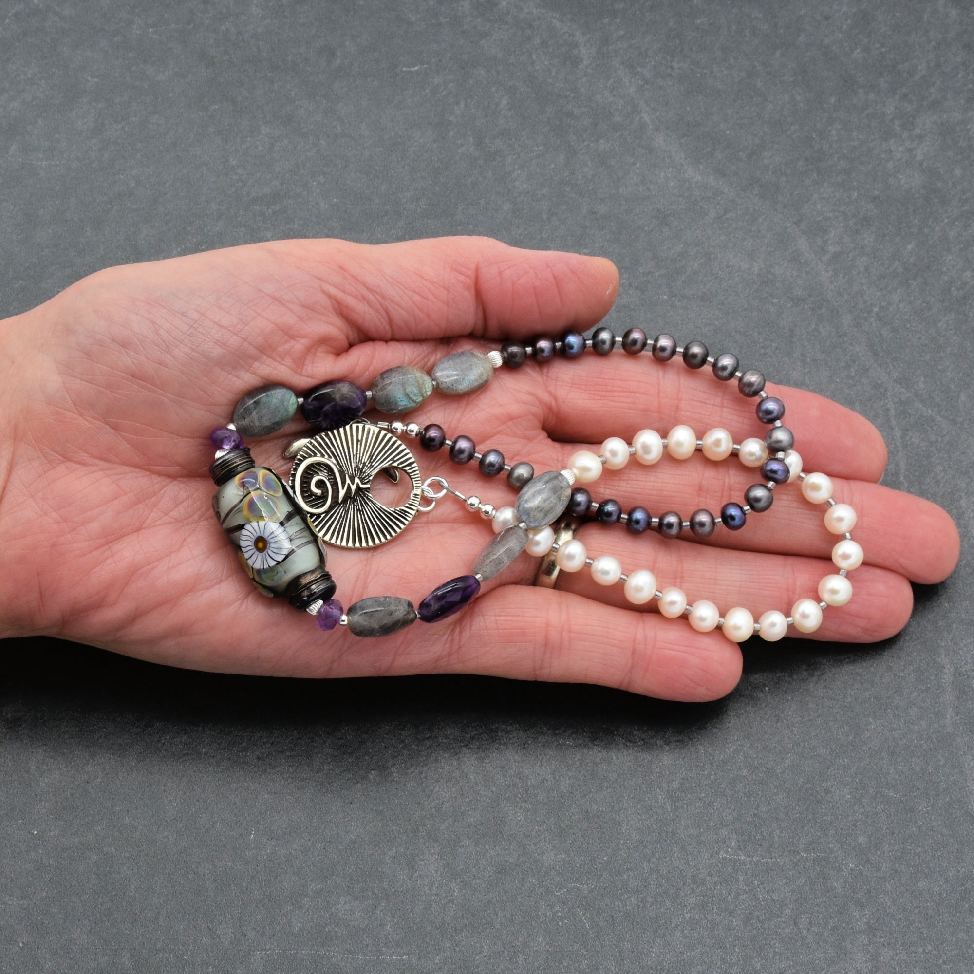 Twilight Necklace - Handmade Artisan Lampwork Glass Amethyst Labradorite Sterling Silver