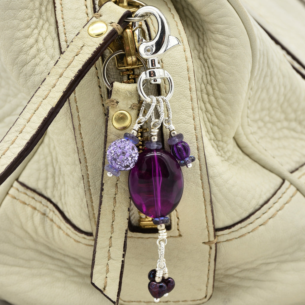 Violet Purple handbag charm with Lucite, pave and Czech glass hearts on a cream purse - handmade with love by Ruby Acorn
