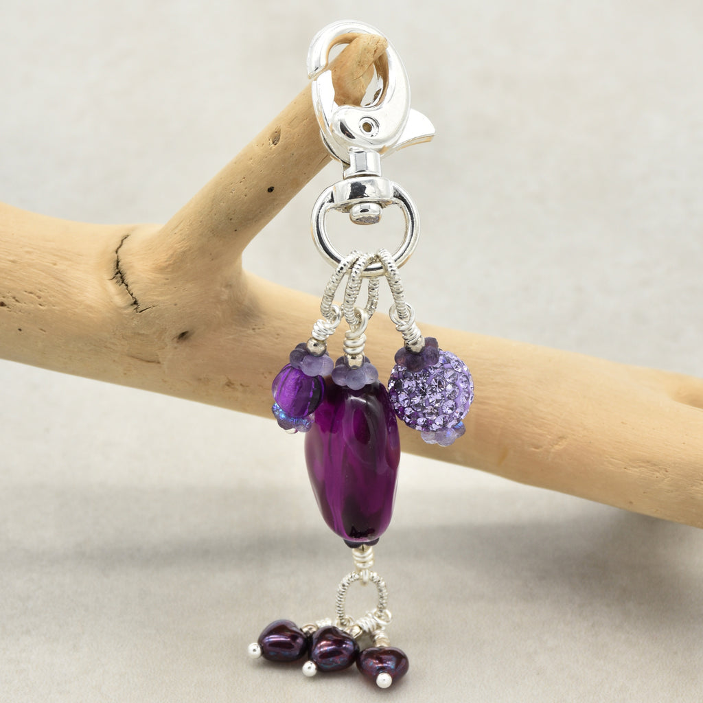 Violet Purple handbag charm with Lucite, pave and Czech glass hearts on a branch - handmade with love by Ruby Acorn