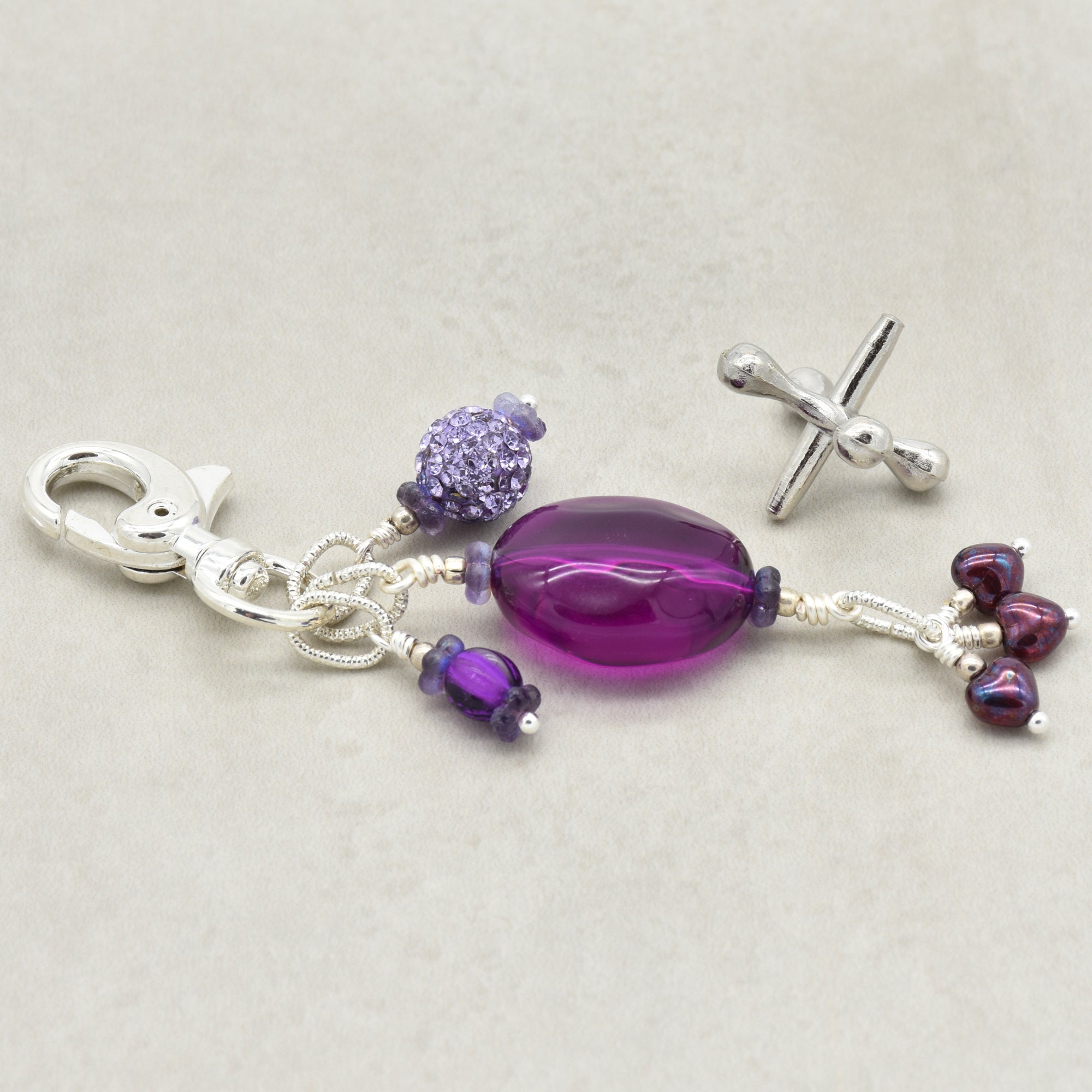 Violet Purple handbag charm with Lucite, pave and Czech glass hearts - handmade with love by Ruby Acorn