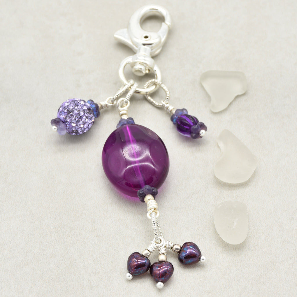 Violet Purple handbag charm with Lucite, pave and Czech glass hearts - handmade with love by Ruby Acorn
