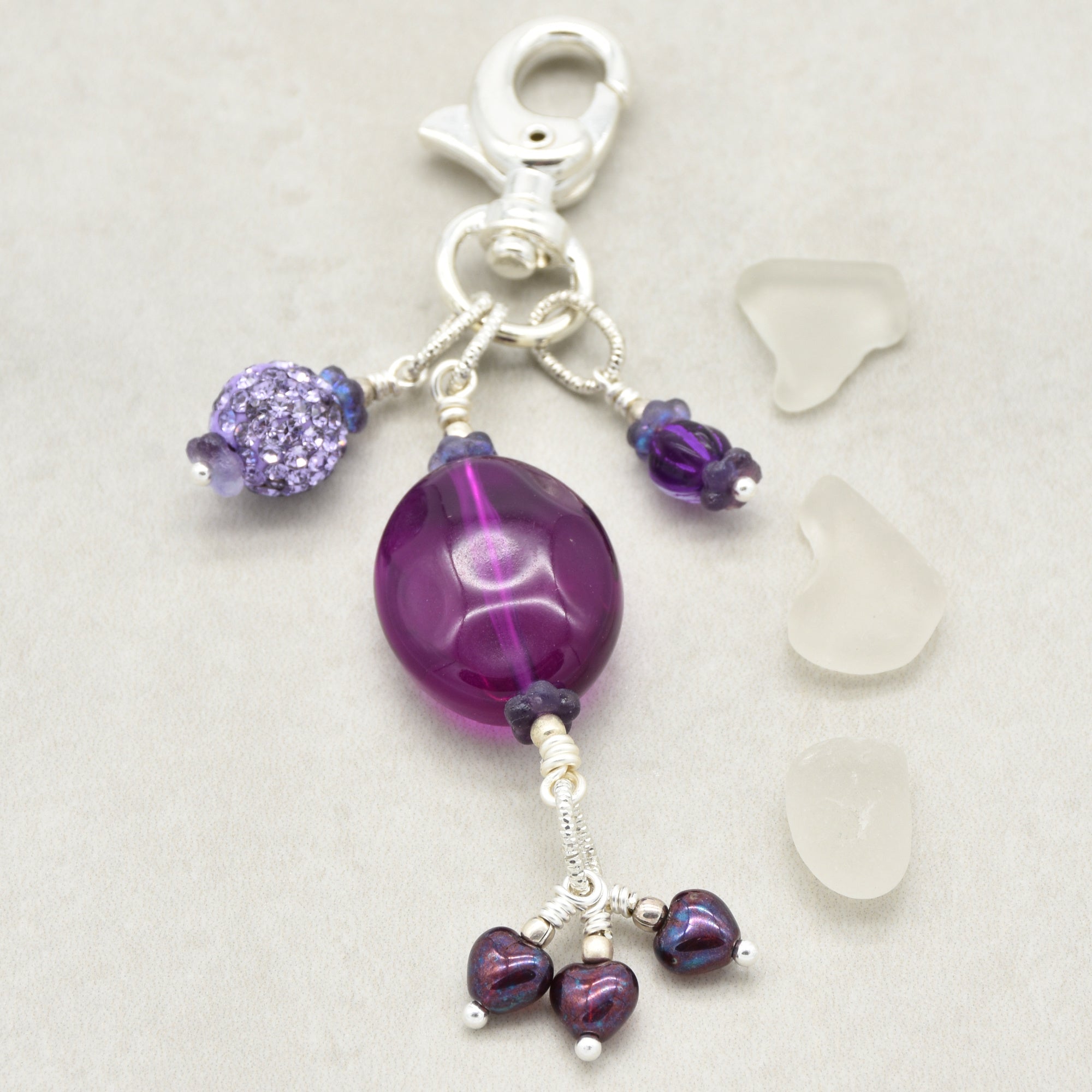 Violet Purple handbag charm with Lucite, pave and Czech glass hearts - handmade with love by Ruby Acorn