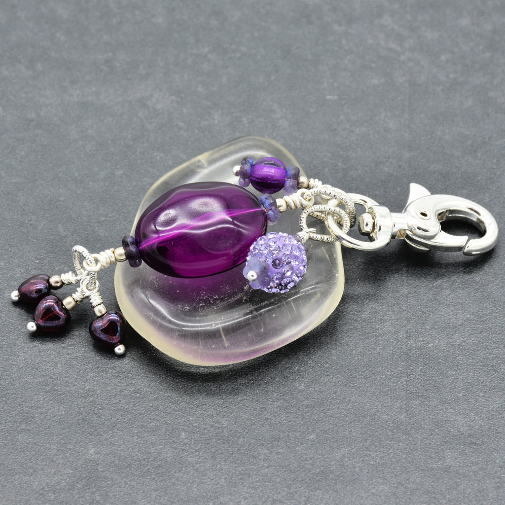 Violet Purple handbag charm with Lucite, pave and Czech glass hearts - handmade with love by Ruby Acorn