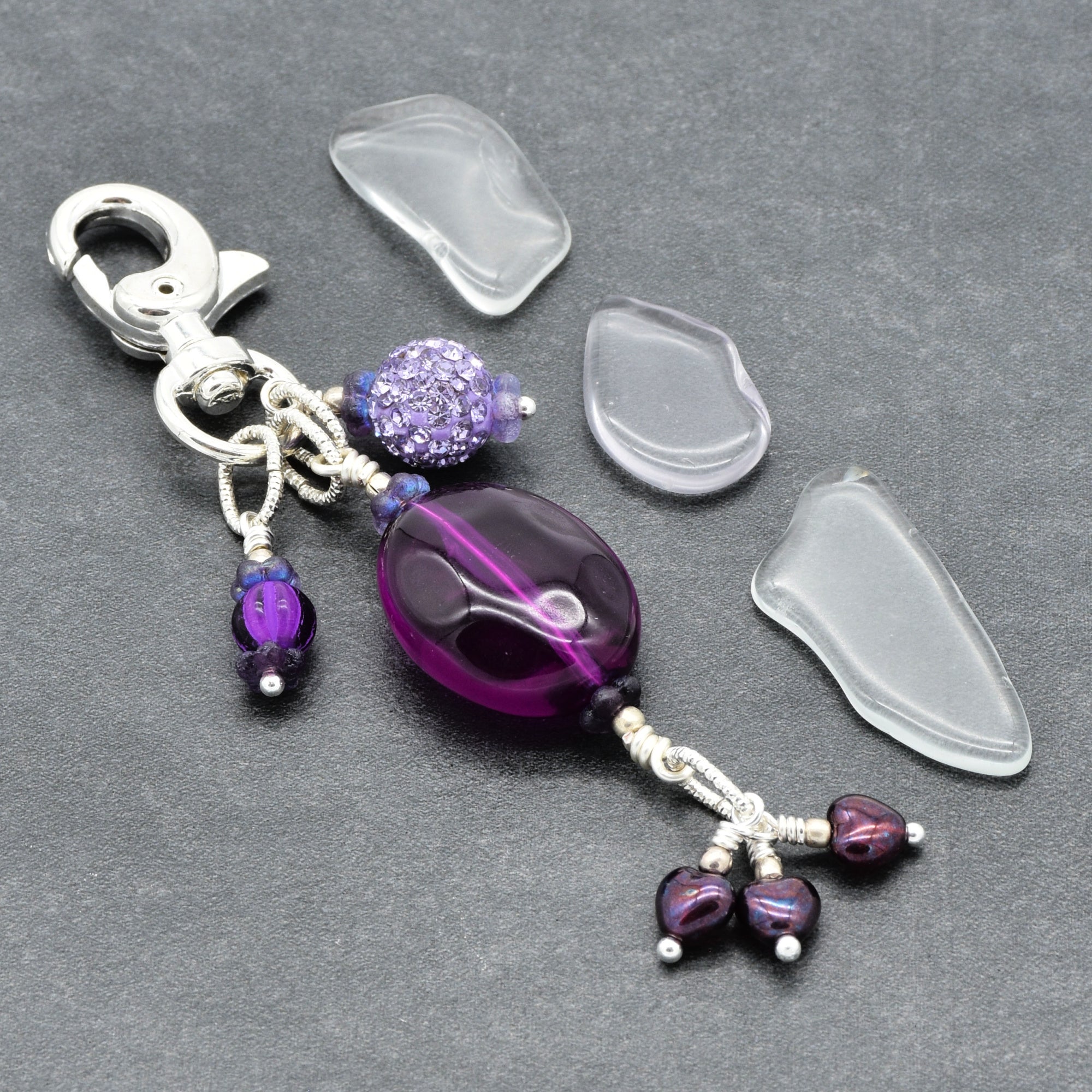 Violet Purple handbag charm with Lucite, pave and Czech glass hearts - handmade with love by Ruby Acorn