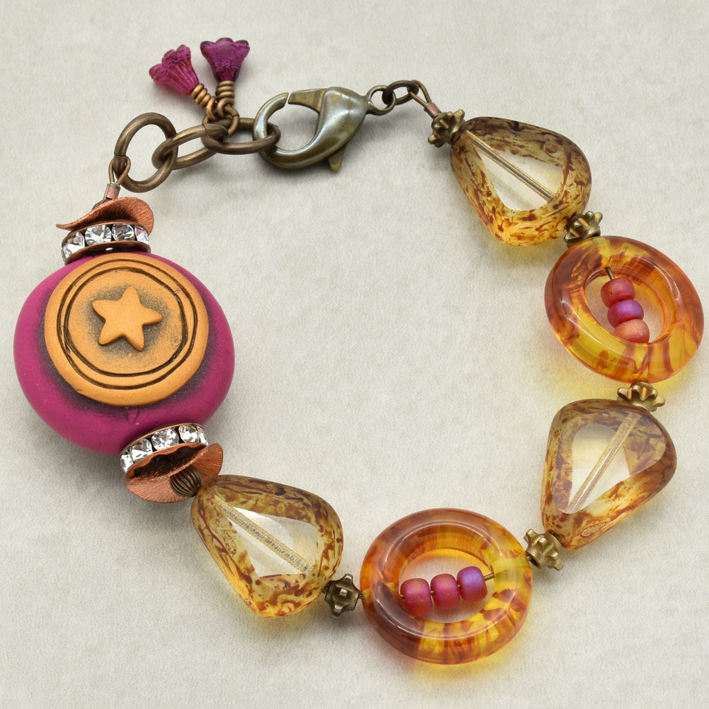 Handmade Beaded Bracelet - Wanderlust Star, Artisan Fuchsia Polymer Clay and Czech Glass