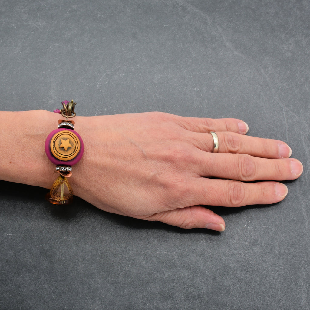 Handmade Beaded Bracelet - Wanderlust Star, Artisan Fuchsia Polymer Clay and Czech Glass