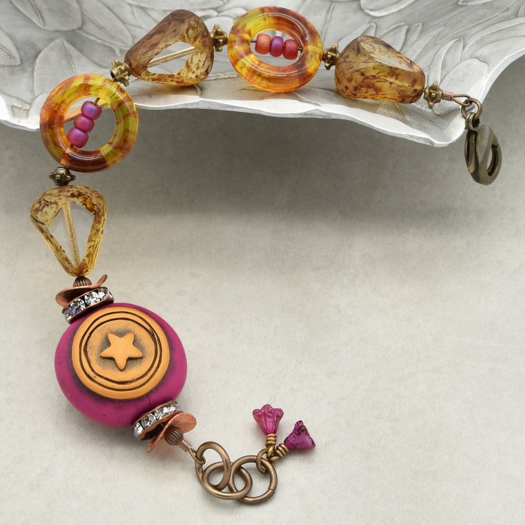 Handmade Beaded Bracelet - Wanderlust Star, Artisan Fuchsia Polymer Clay and Czech Glass