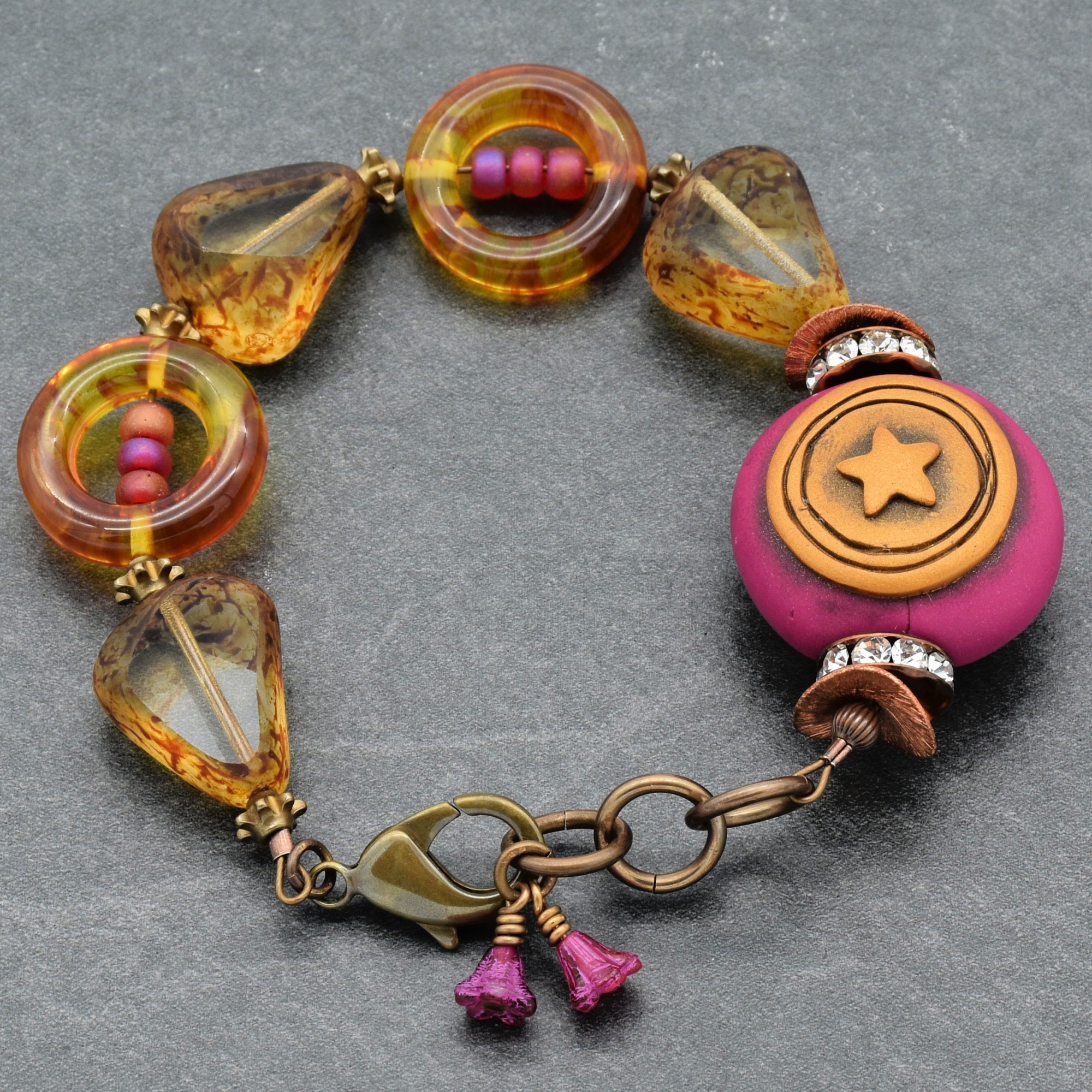Handmade Beaded Bracelet - Wanderlust Star, Artisan Fuchsia Polymer Clay and Czech Glass