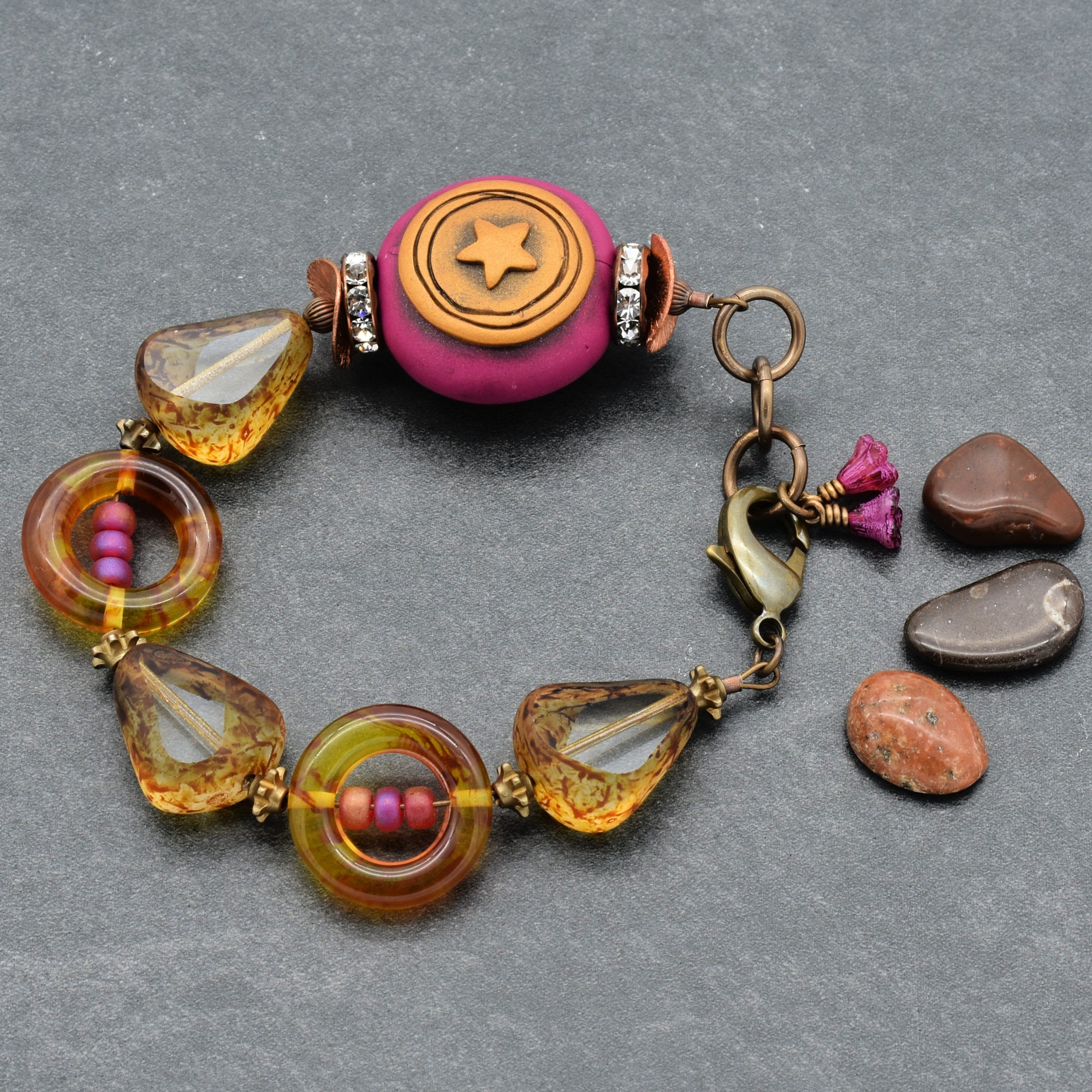 Handmade Beaded Bracelet - Wanderlust Star, Artisan Fuchsia Polymer Clay and Czech Glass