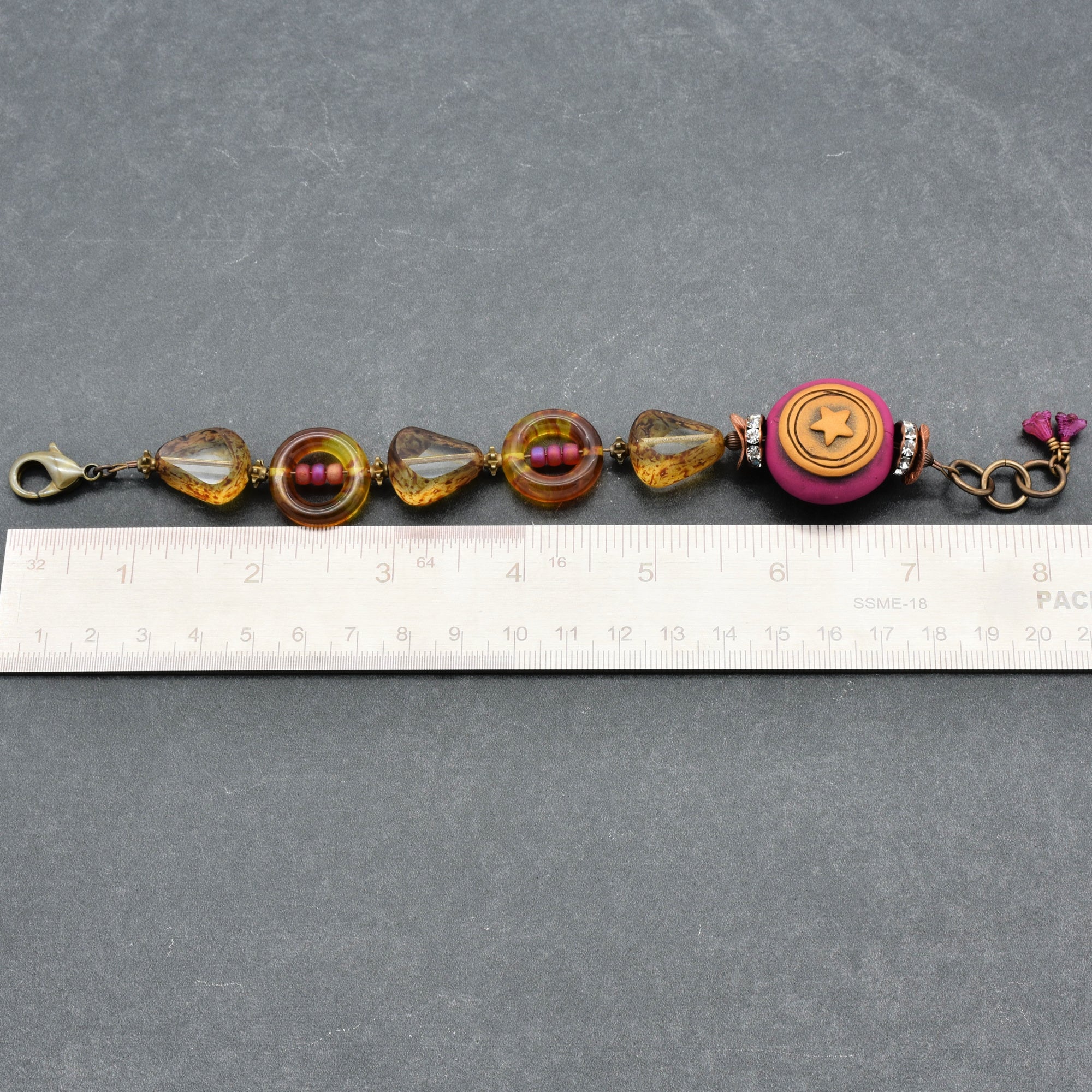 Handmade Beaded Bracelet - Wanderlust Star, Artisan Fuchsia Polymer Clay and Czech Glass