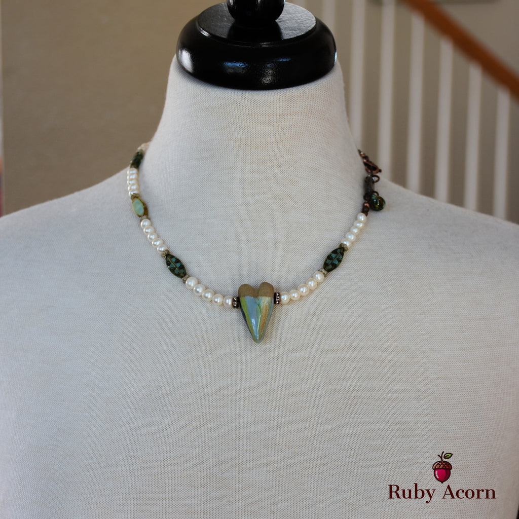 Watercolor Heart Handmade Beaded Necklace with Artisan Ceramic Focal, Fresh Water Pearls and Green Czech Glass