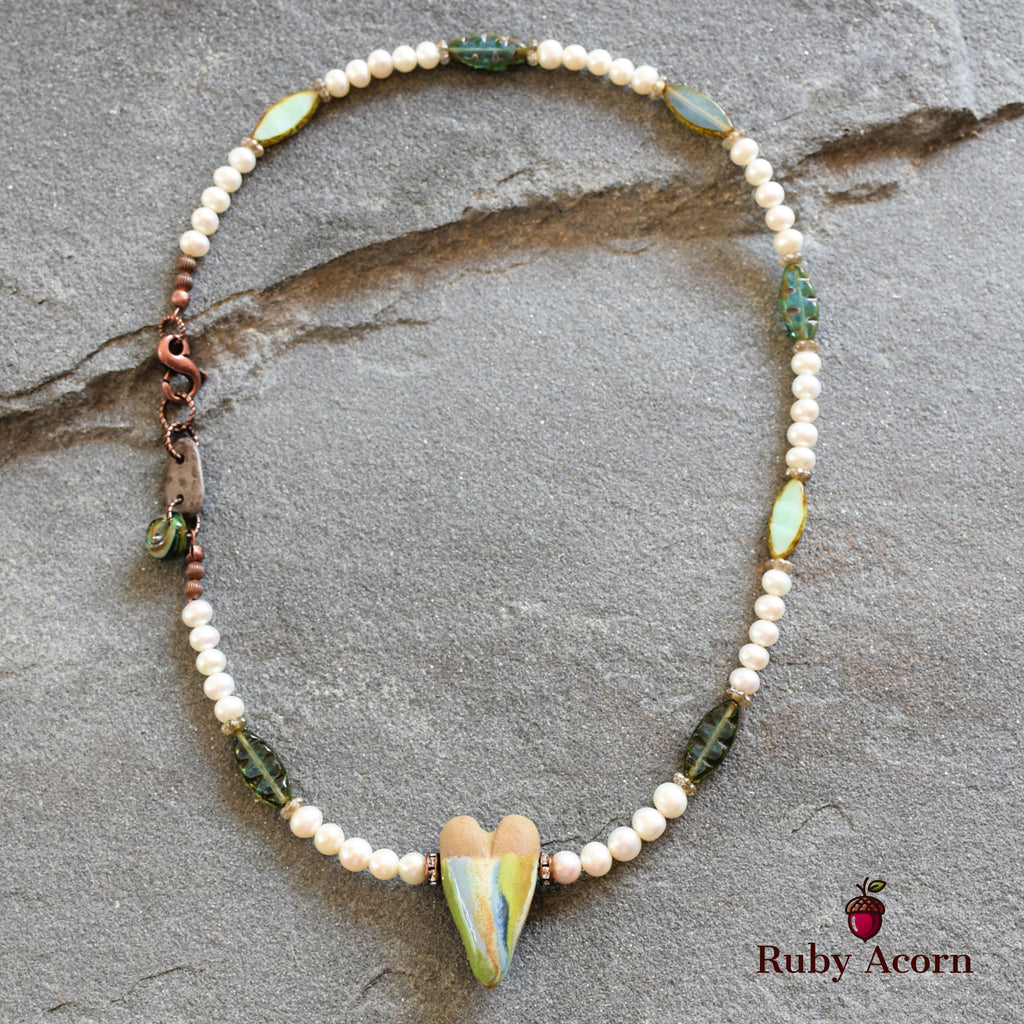 Watercolor Heart Handmade Beaded Necklace with Artisan Ceramic Focal, Fresh Water Pearls and Green Czech Glass
