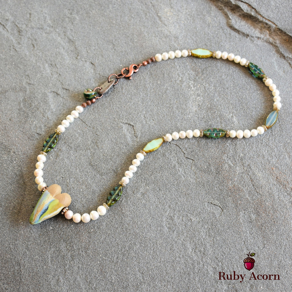 Watercolor Heart Handmade Beaded Necklace with Artisan Ceramic Focal, Fresh Water Pearls and Green Czech Glass