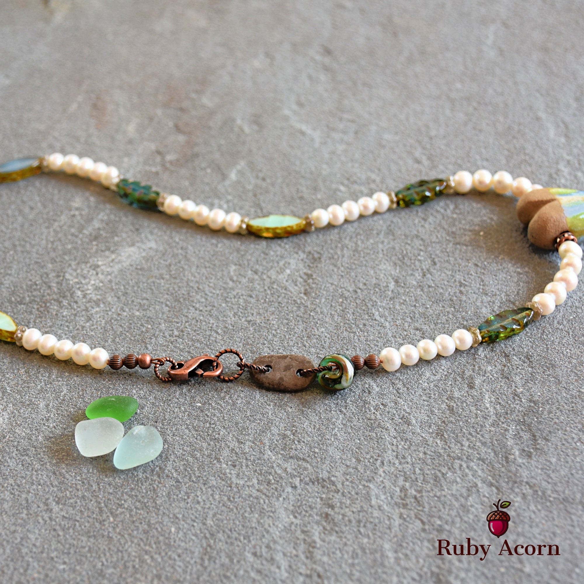Watercolor Heart Handmade Beaded Necklace with Artisan Ceramic Focal, Fresh Water Pearls and Green Czech Glass