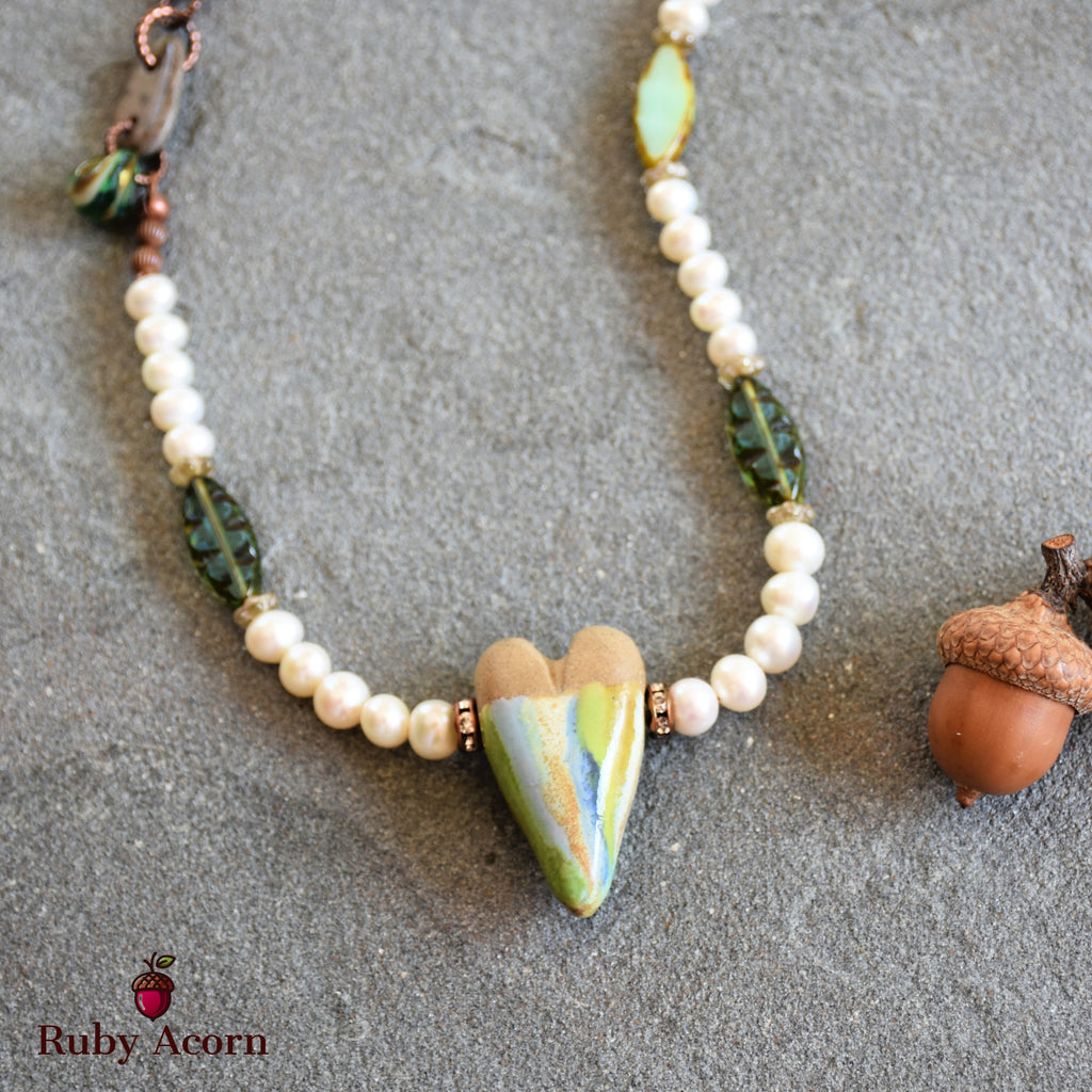 Watercolor Heart Handmade Beaded Necklace with Artisan Ceramic Focal, Fresh Water Pearls and Green Czech Glass