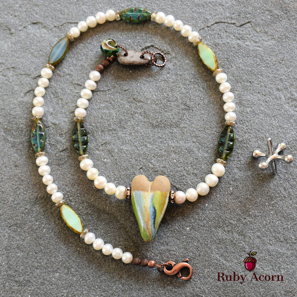 Watercolor Heart Handmade Beaded Necklace with Artisan Ceramic Focal, Fresh Water Pearls and Green Czech Glass