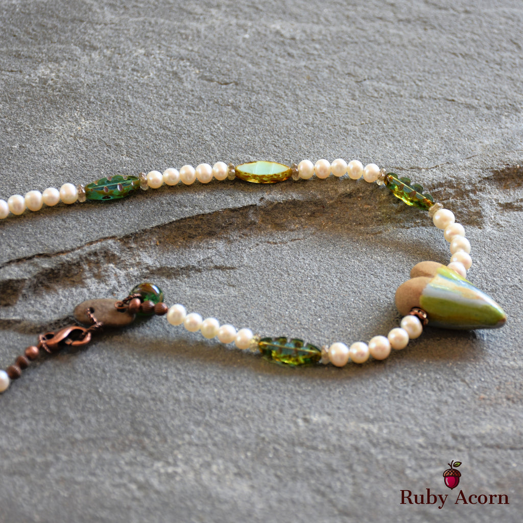 Watercolor Heart Handmade Beaded Necklace with Artisan Ceramic Focal, Fresh Water Pearls and Green Czech Glass