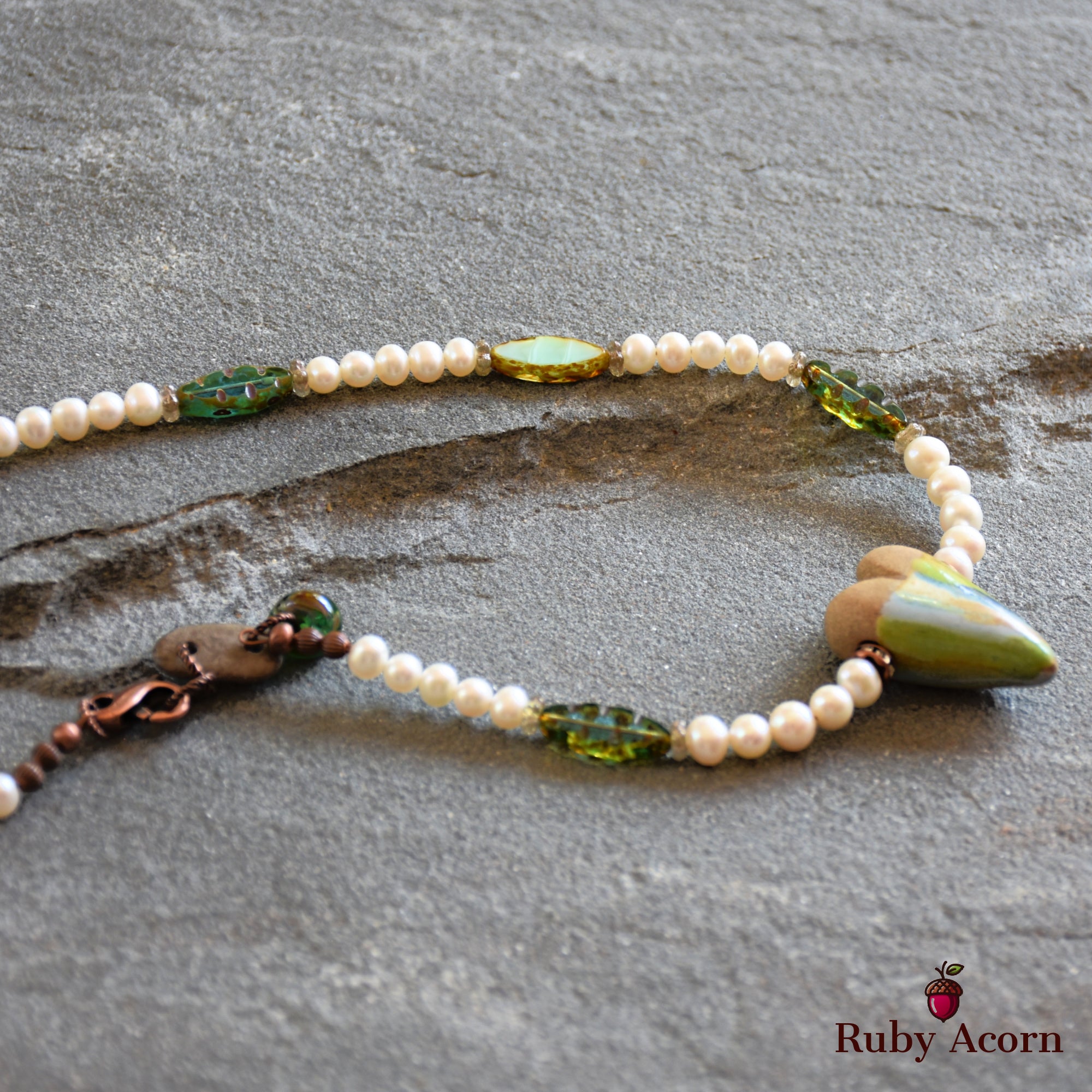Watercolor Heart Handmade Beaded Necklace with Artisan Ceramic Focal, Fresh Water Pearls and Green Czech Glass