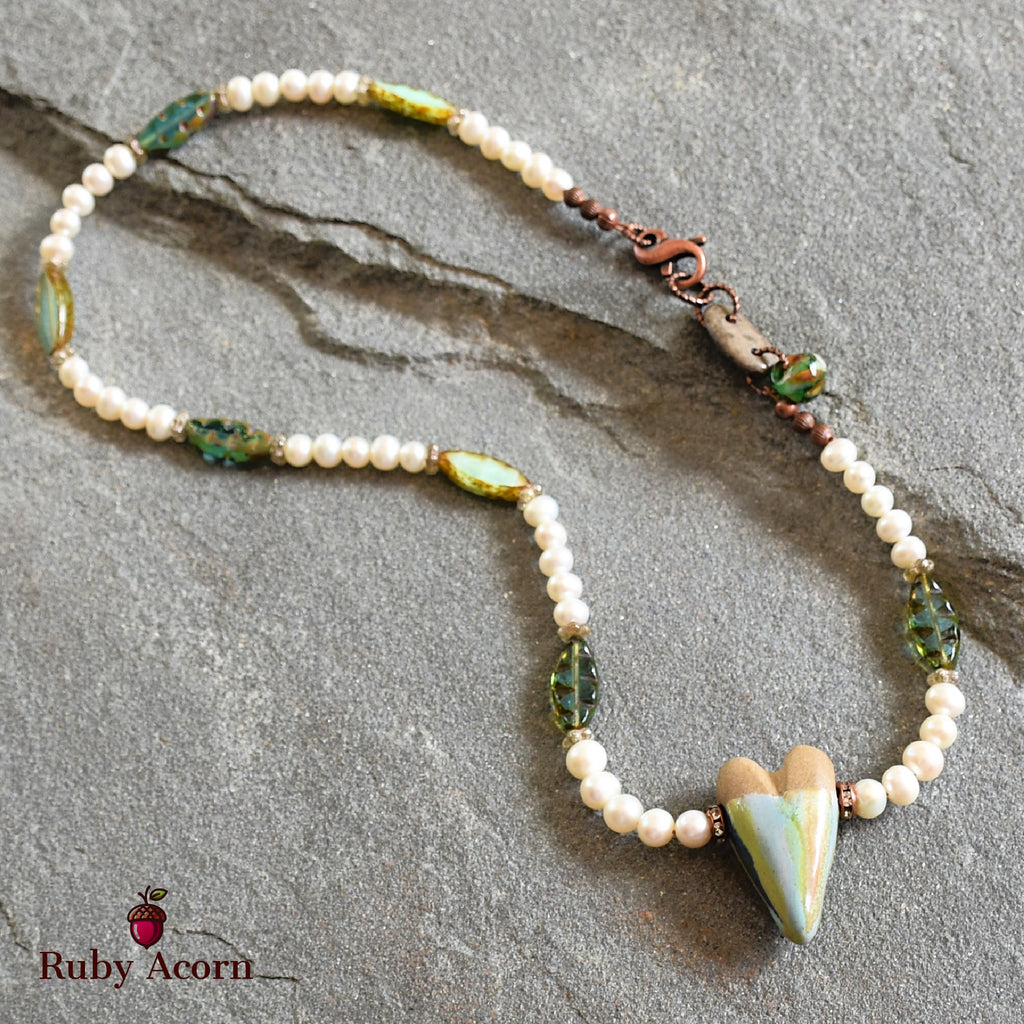 Watercolor Heart Handmade Beaded Necklace with Artisan Ceramic Focal, Fresh Water Pearls and Green Czech Glass