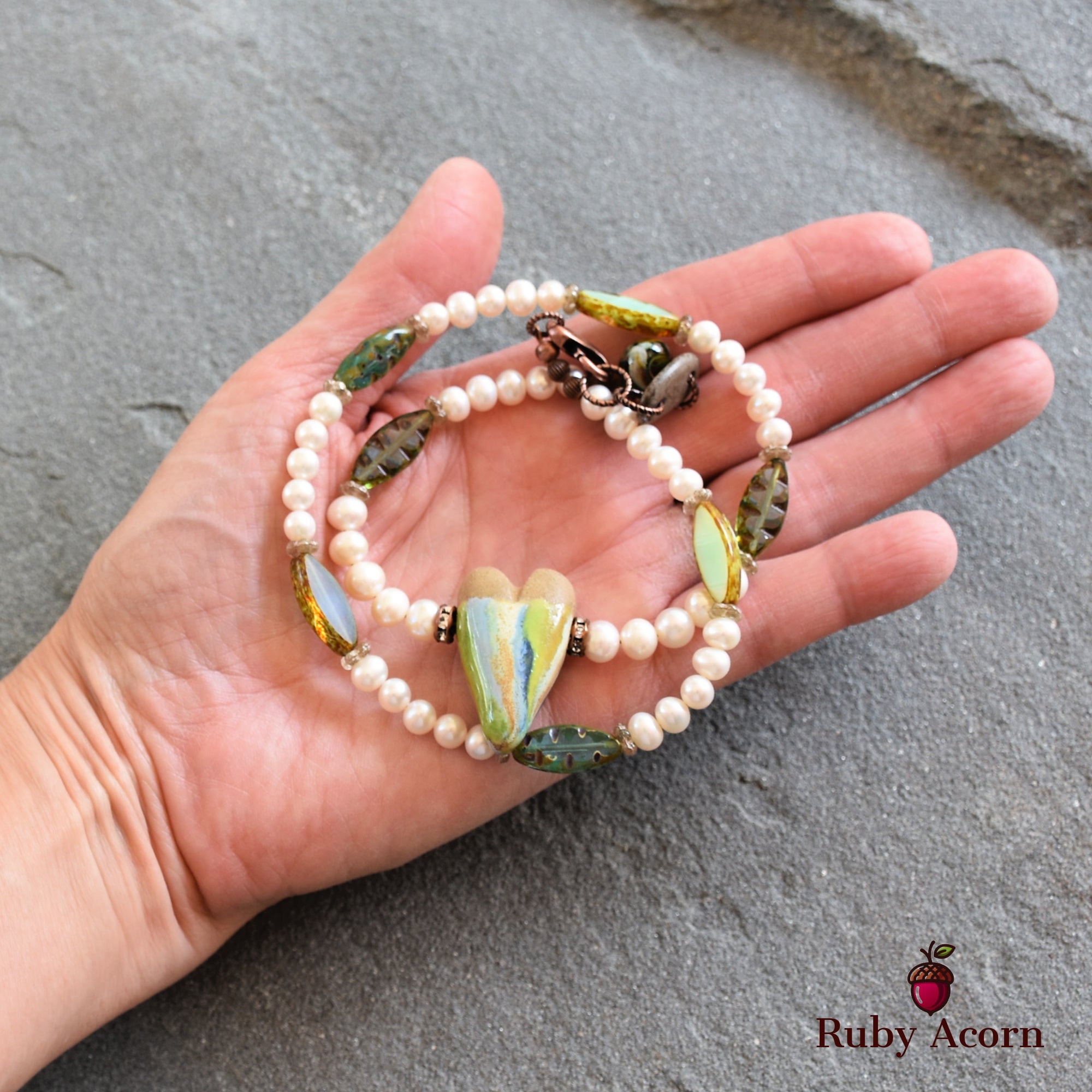 Watercolor Heart Handmade Beaded Necklace with Artisan Ceramic Focal, Fresh Water Pearls and Green Czech Glass