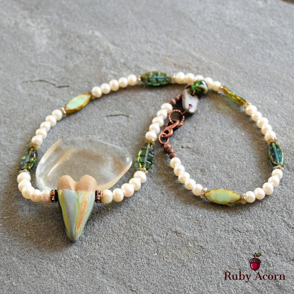 Watercolor Heart Handmade Beaded Necklace with Artisan Ceramic Focal, Fresh Water Pearls and Green Czech Glass