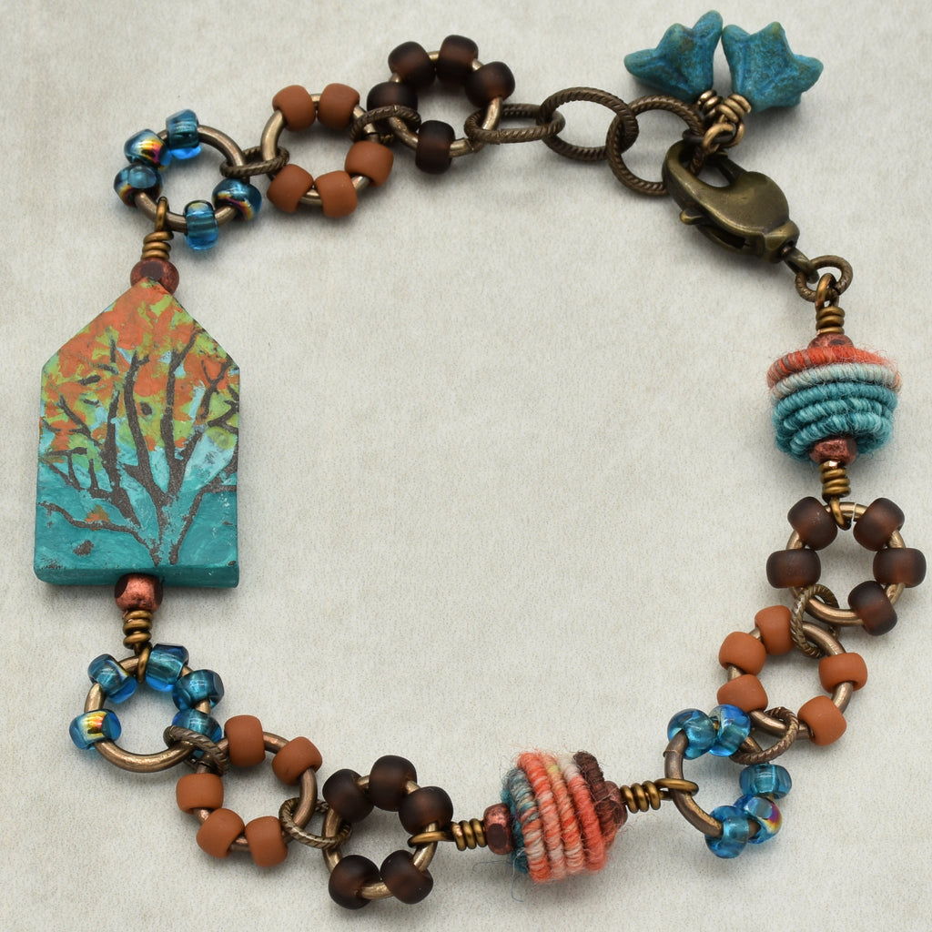Where the Heart Is Bracelet - Artisan Polymer Clay House, Autumn Tones, Handmade