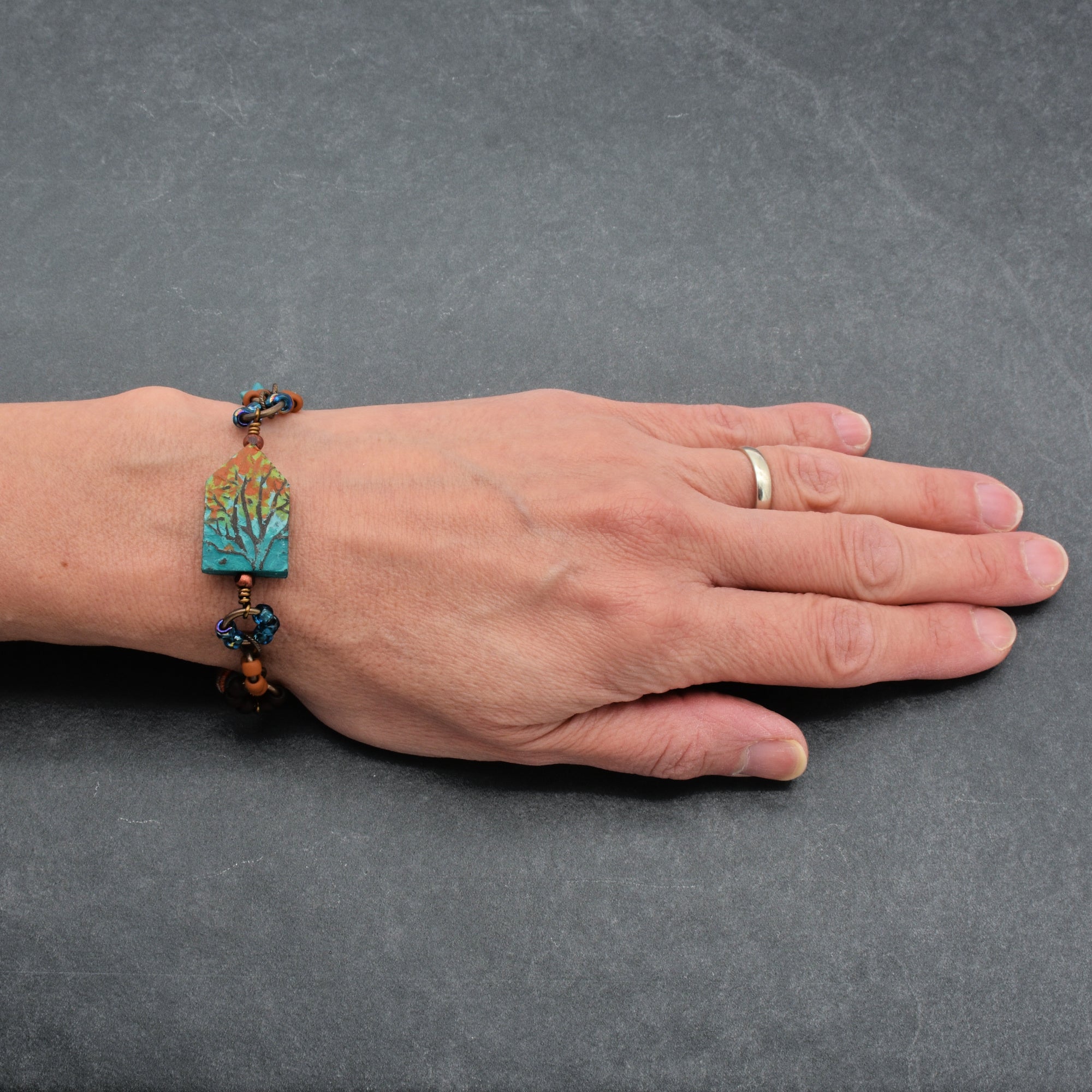 Where the Heart Is Bracelet - Artisan Polymer Clay House, Autumn Tones, Handmade