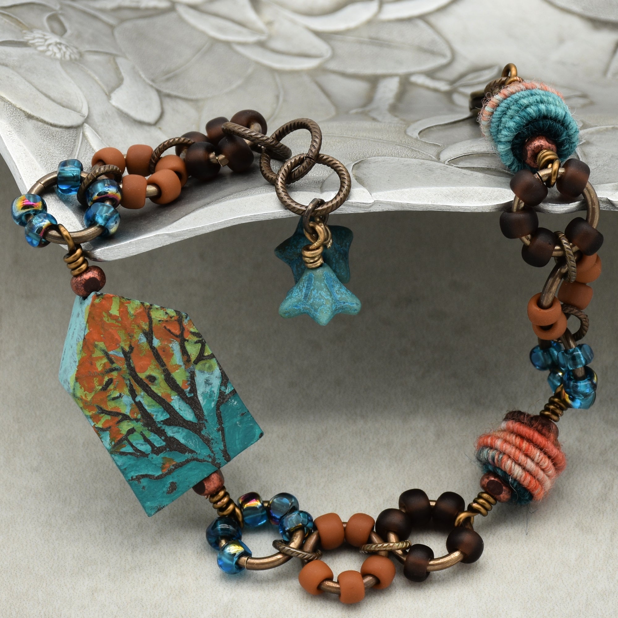 Where the Heart Is Bracelet - Artisan Polymer Clay House, Autumn Tones, Handmade