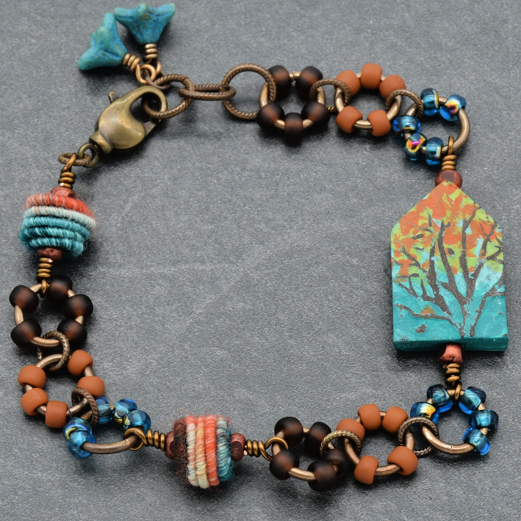 Where the Heart Is Bracelet - Artisan Polymer Clay House, Autumn Tones, Handmade