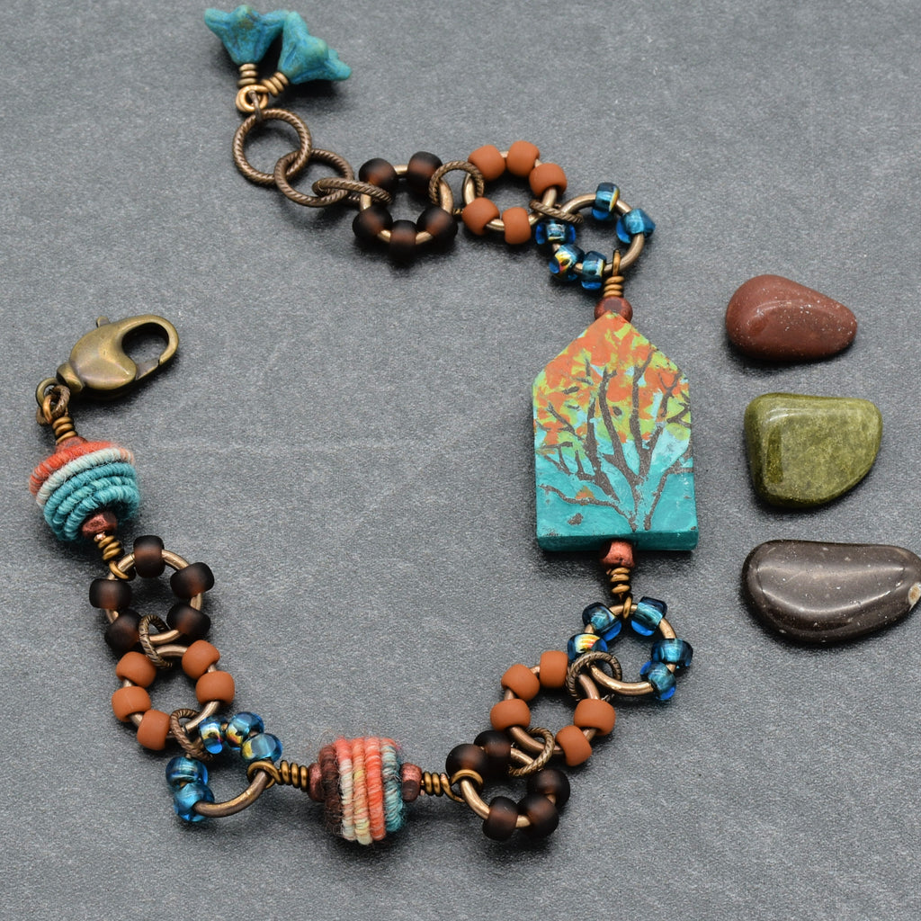 Where the Heart Is Bracelet - Artisan Polymer Clay House, Autumn Tones, Handmade