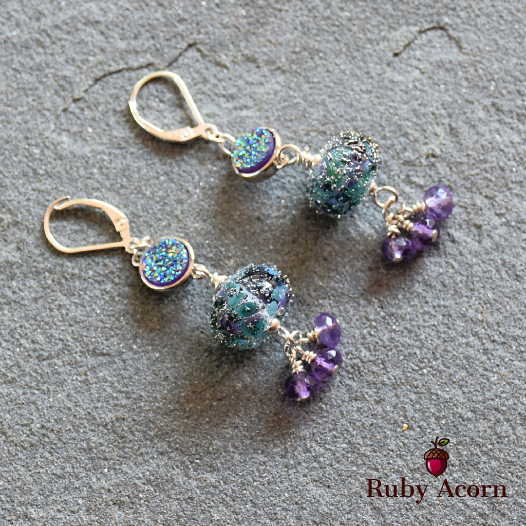 Wild Hyacinth Handmade Dangle Earrings, Blue  and Purple Artisan Lampwork Glass, Sterling Silver, Amethyst, Indigo Druzy