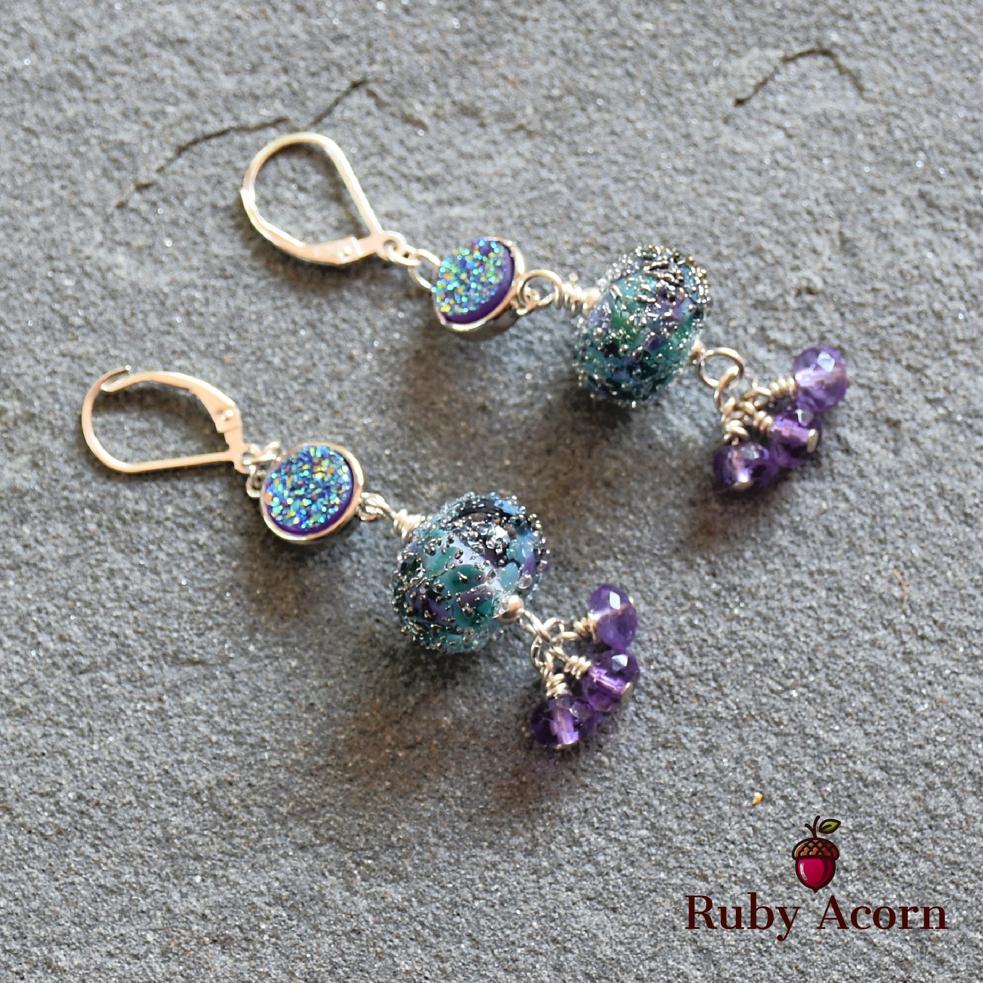 Wild Hyacinth Handmade Dangle Earrings, Blue  and Purple Artisan Lampwork Glass, Sterling Silver, Amethyst, Indigo Druzy